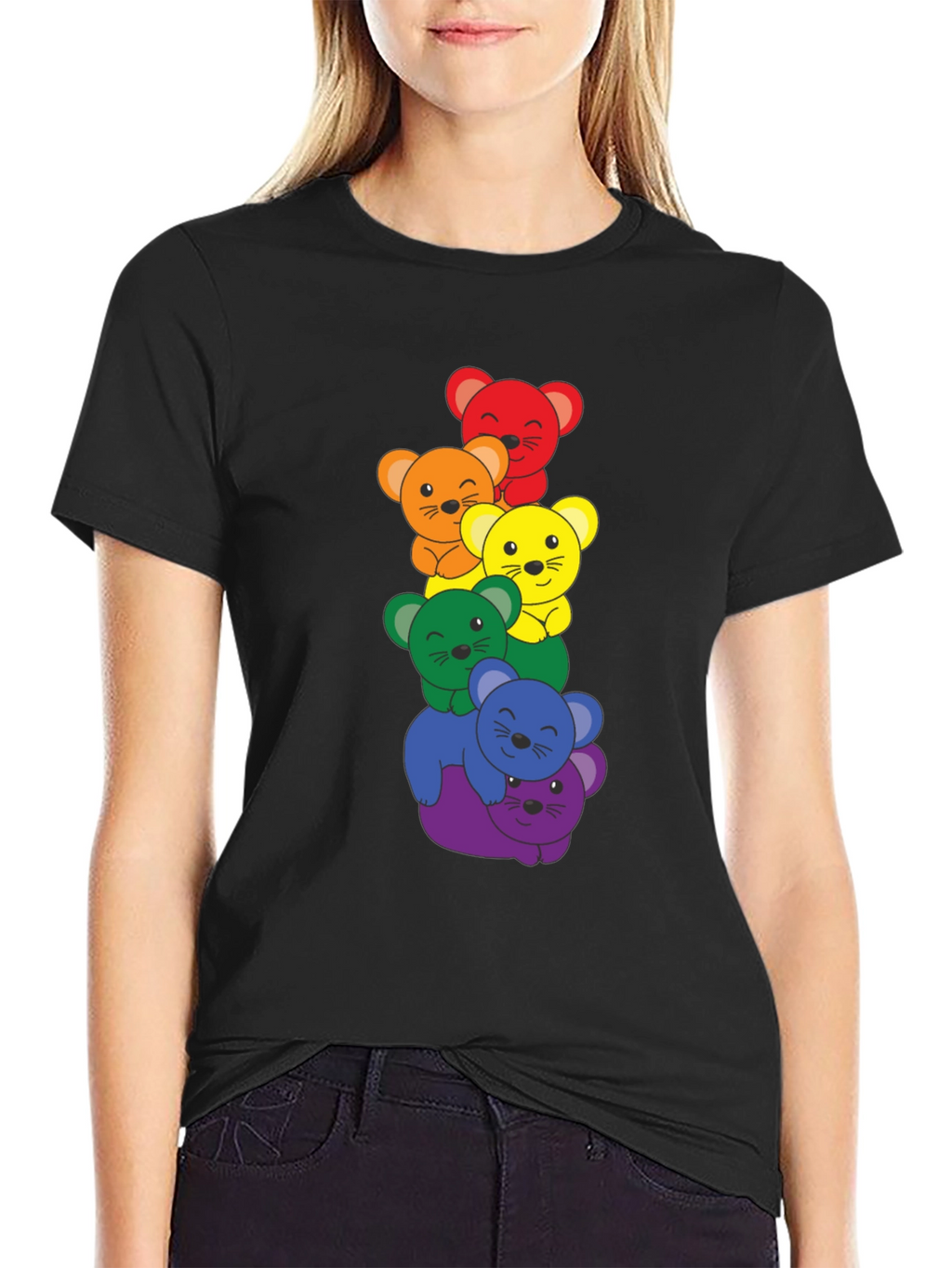 Rainbow Bear Stack Black T-Shirt