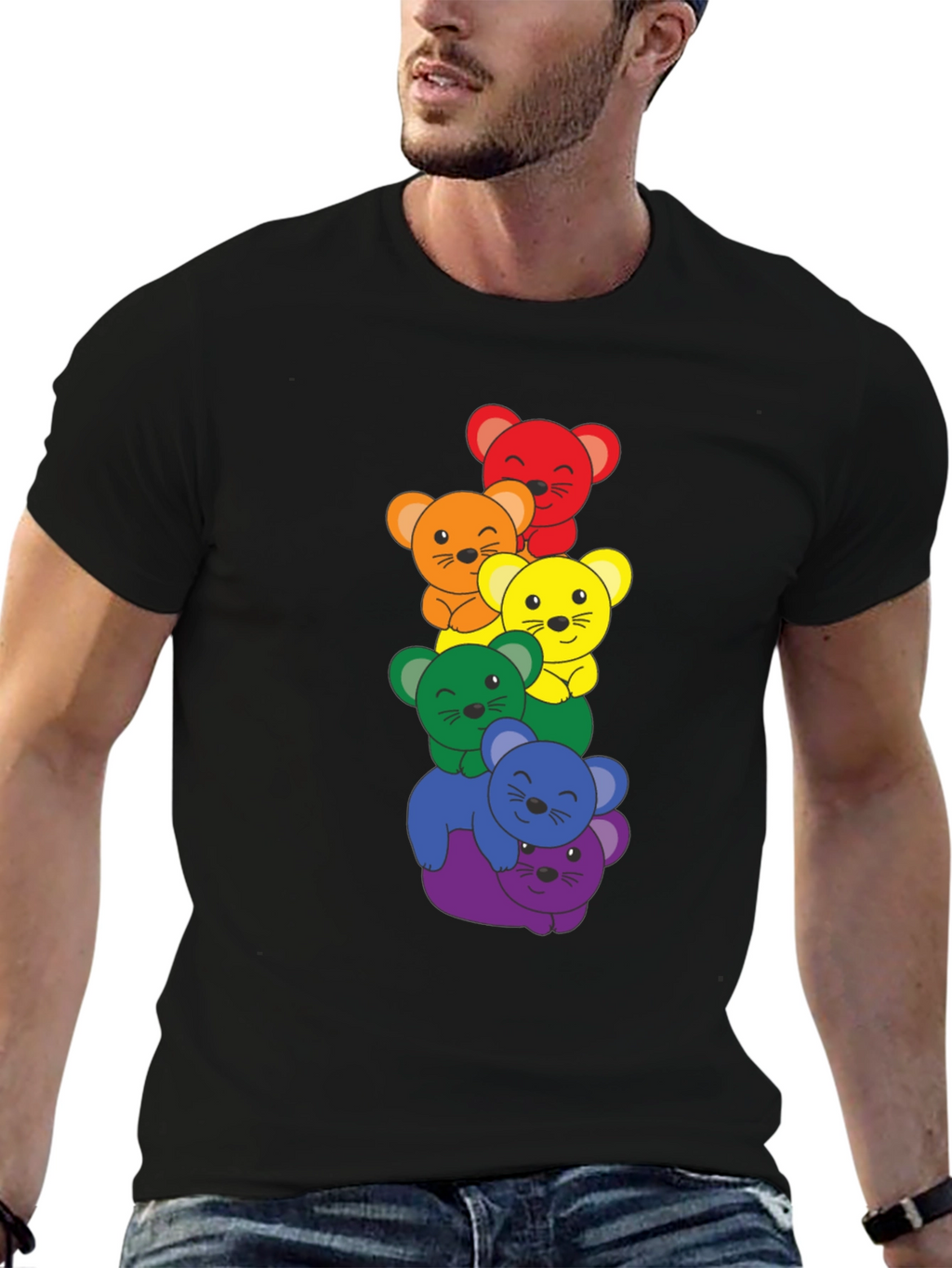 Rainbow Bear Stack Black T-Shirt
