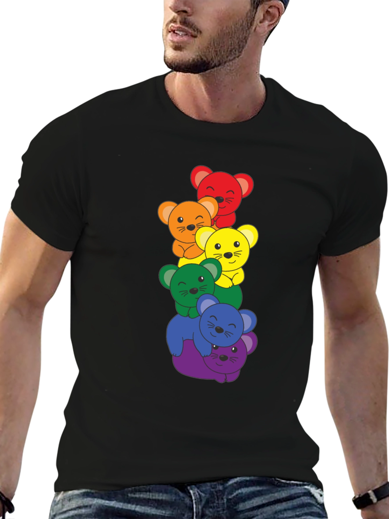 Rainbow Bear Stack Black T-Shirt
