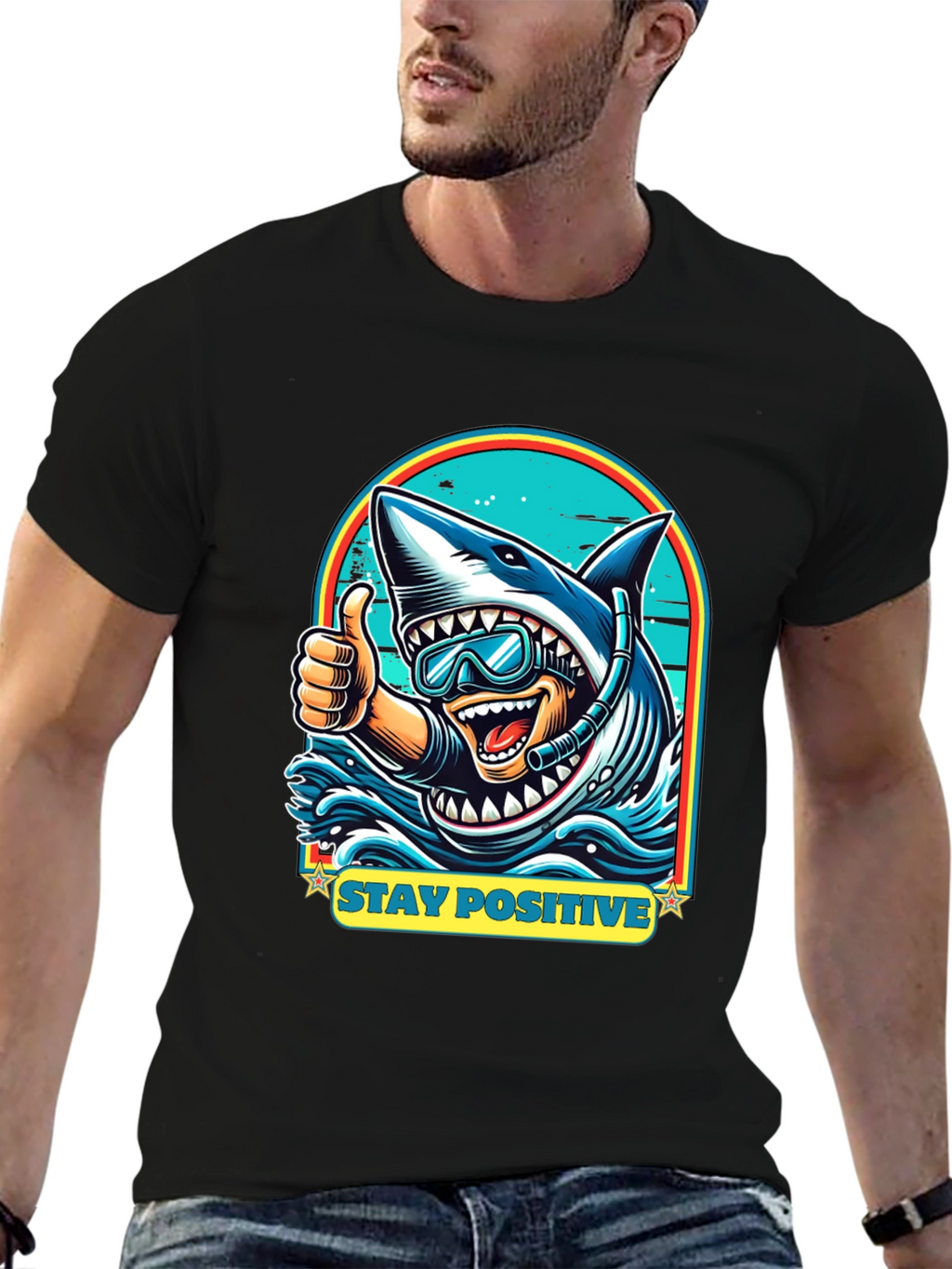 Stay Positive Shark Diver Graphic Tee - Black