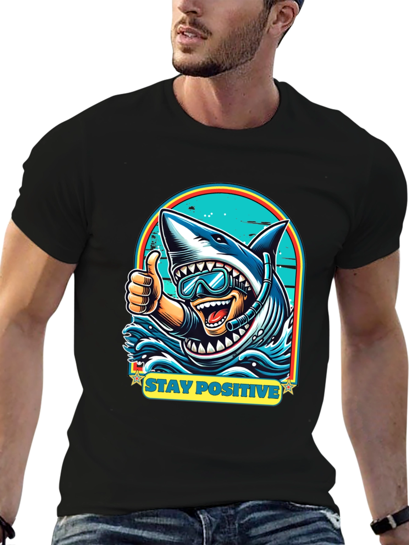 Stay Positive Shark Diver Graphic Tee - Black