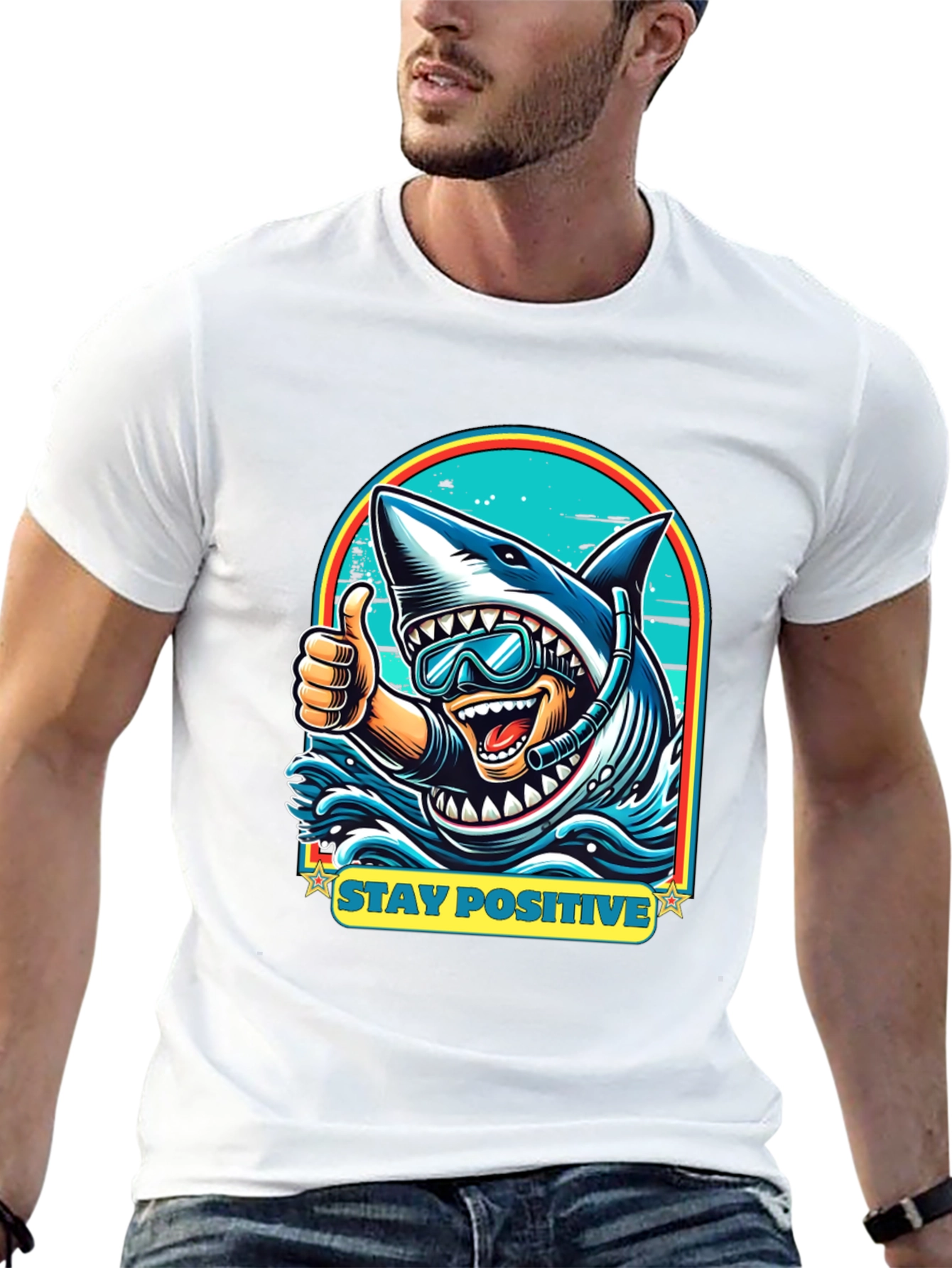 Stay Positive Shark Diver Graphic Tee - Black