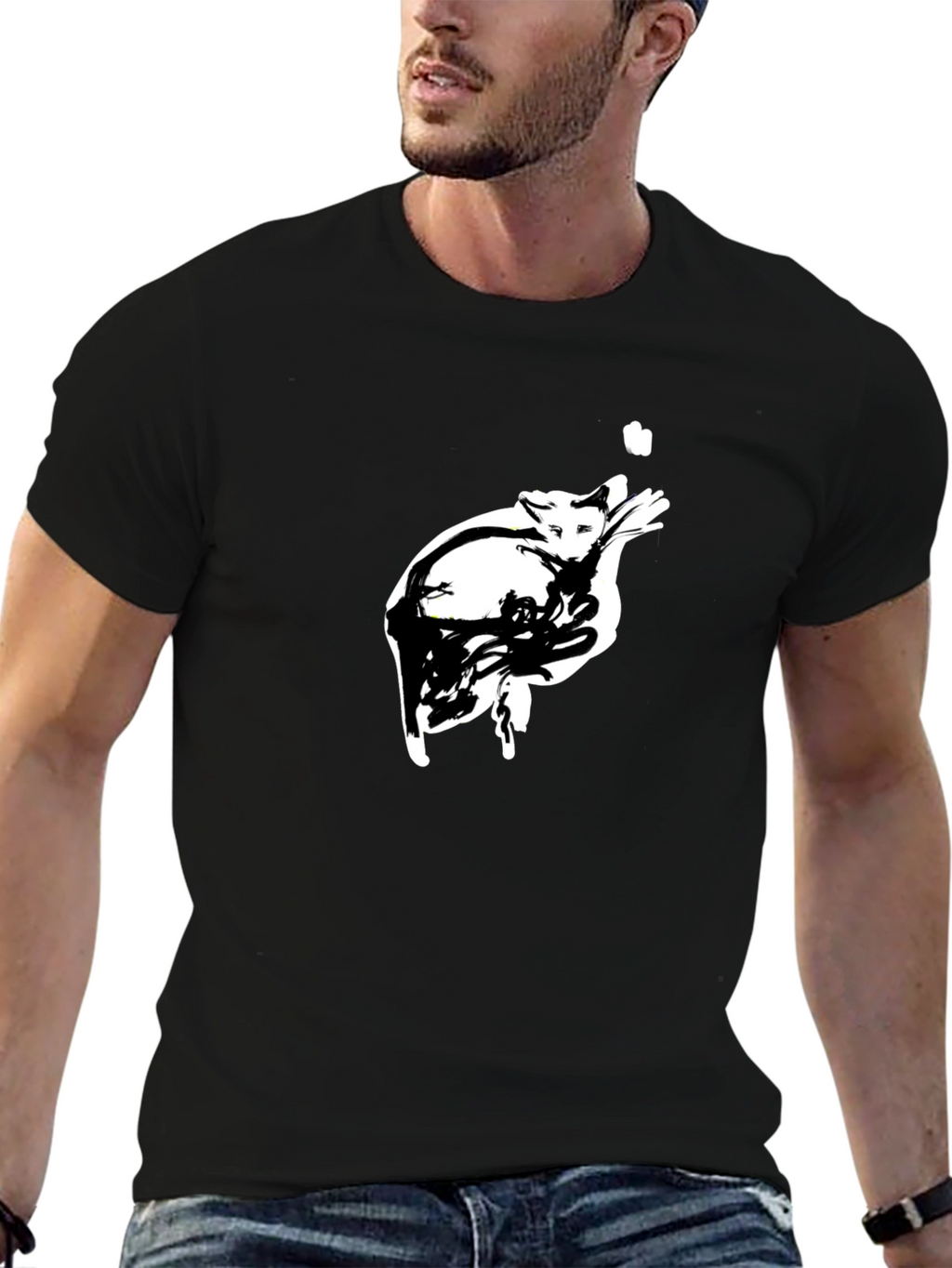 Abstract Cat Graphic Tee - Black Cotton T-Shirt