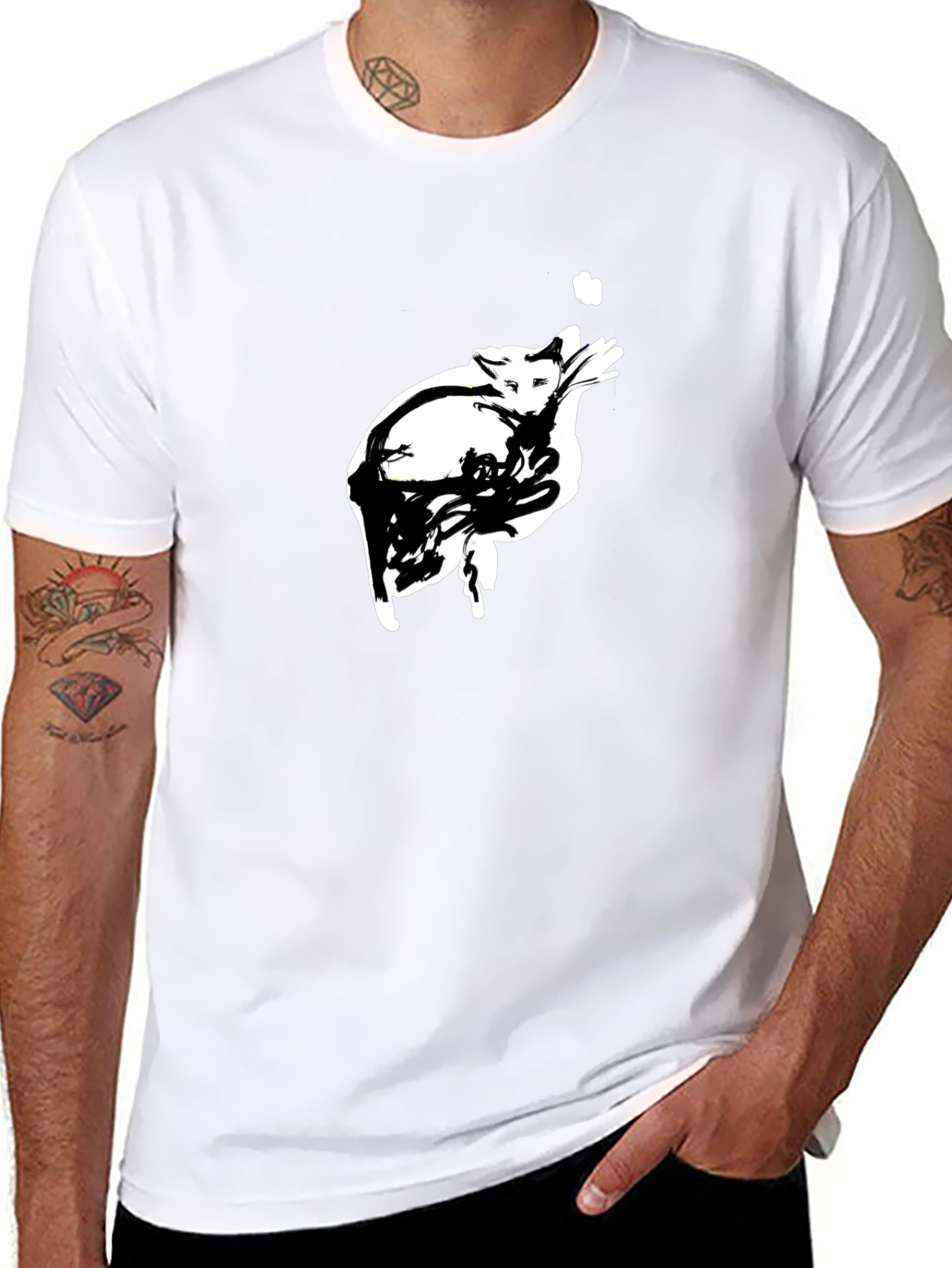 Abstract Cat Graphic Tee - Black Cotton T-Shirt