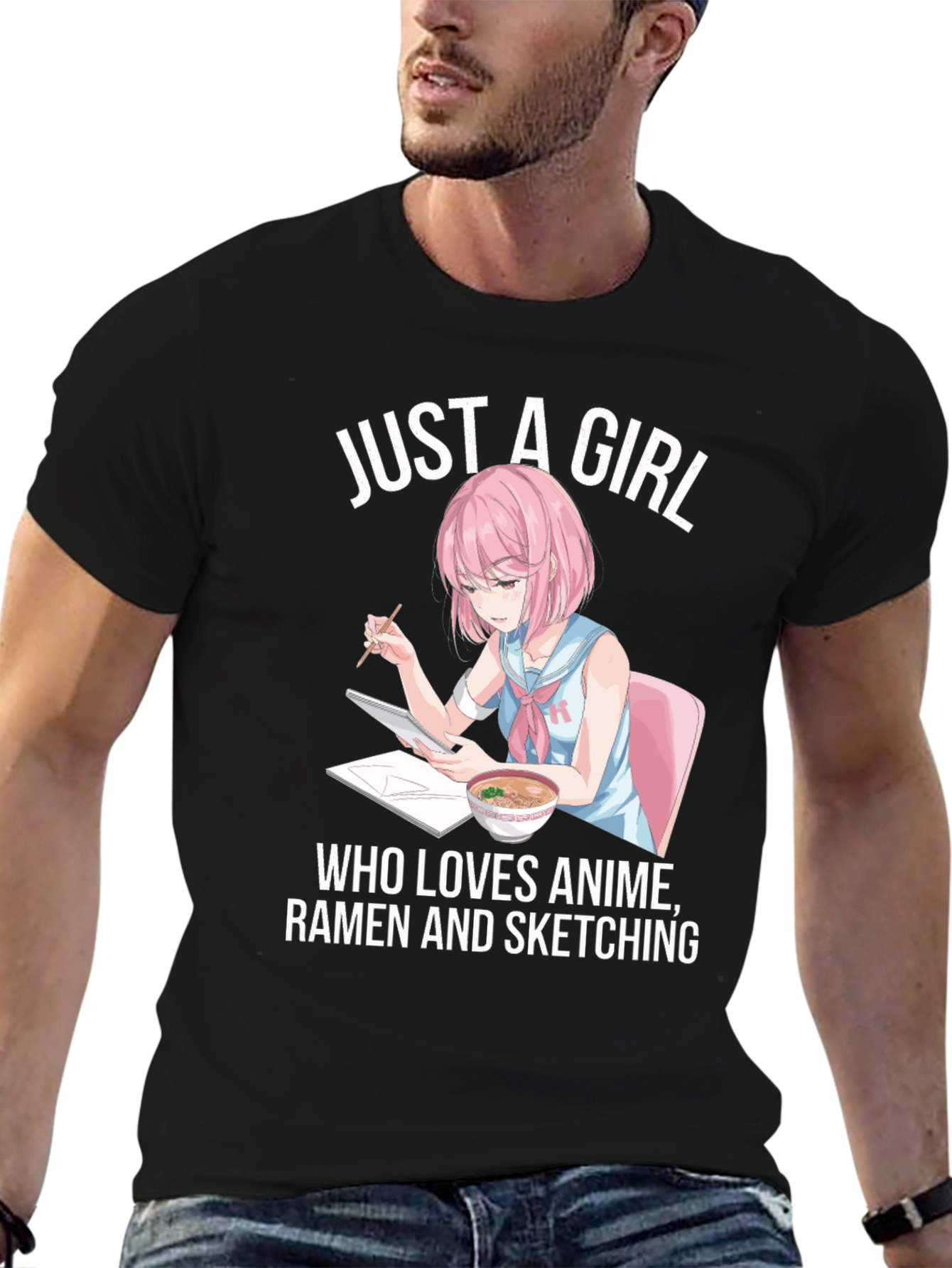 Anime Ramen Sketching Girl Graphic T-Shirt