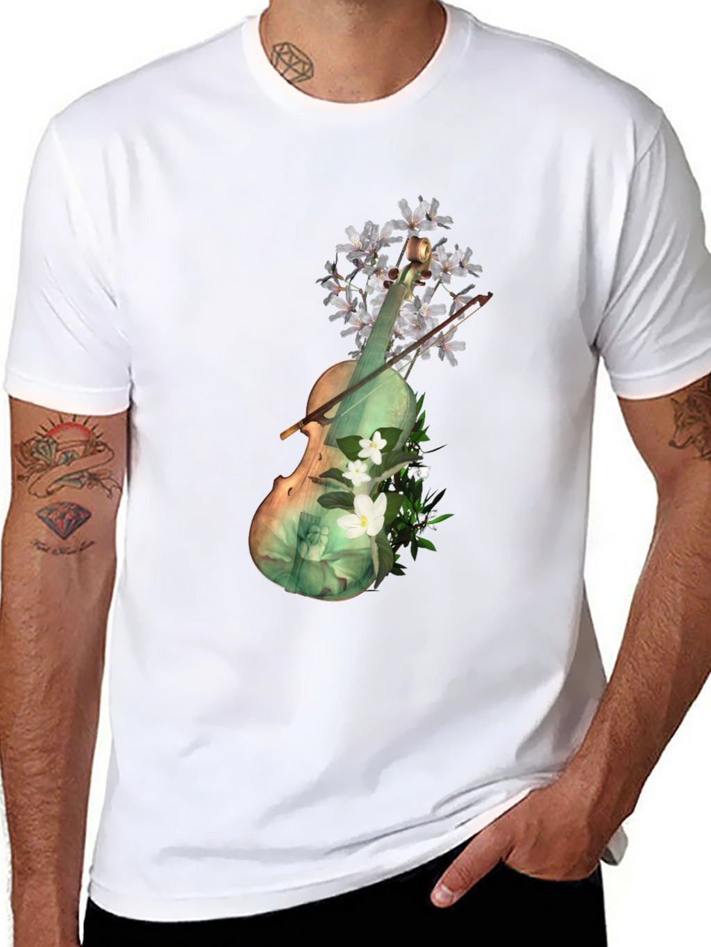 Floral Violin Graphic Tee - Artistic Black T-Shirt