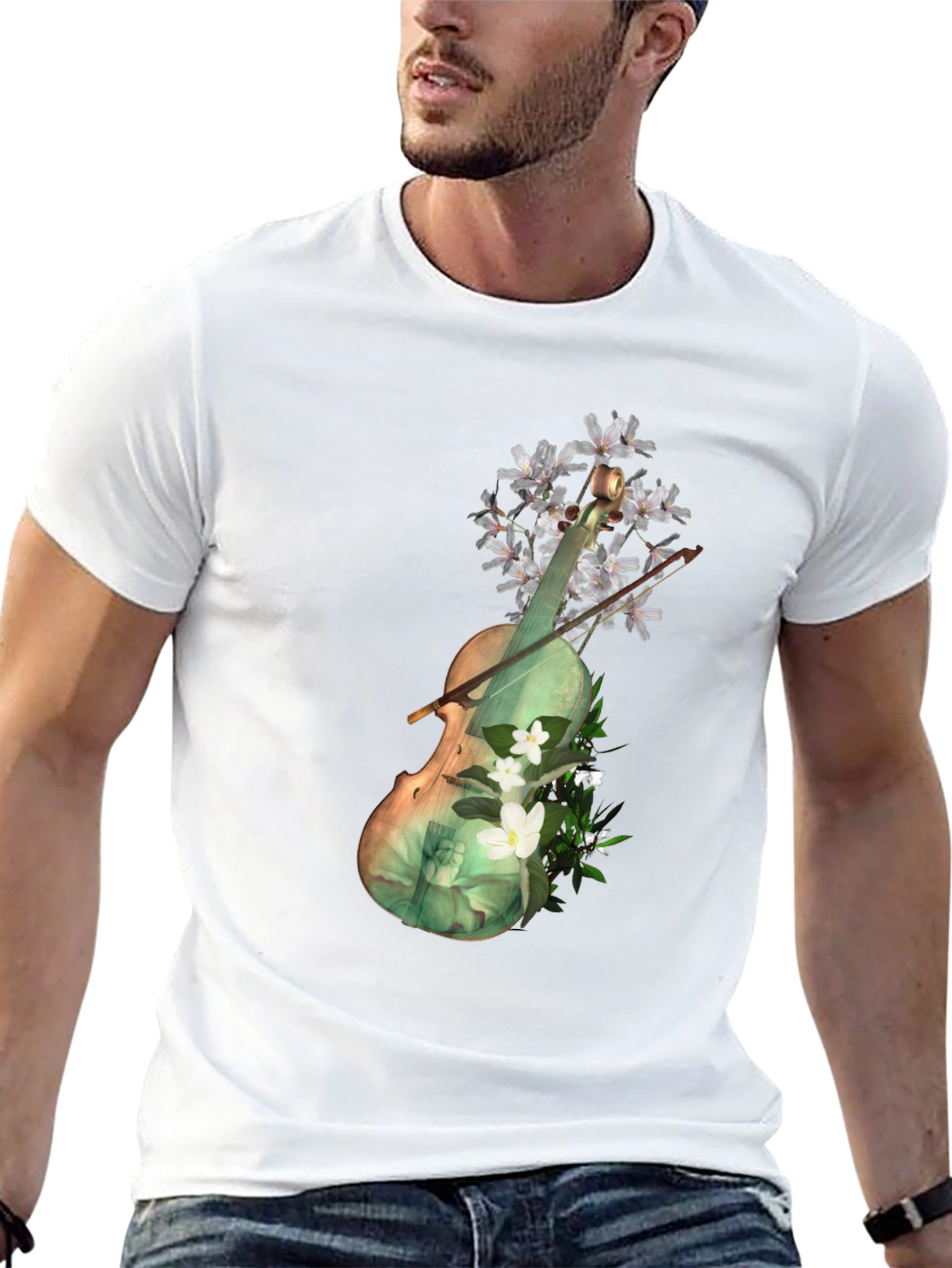 Floral Violin Graphic Tee - Artistic Black T-Shirt