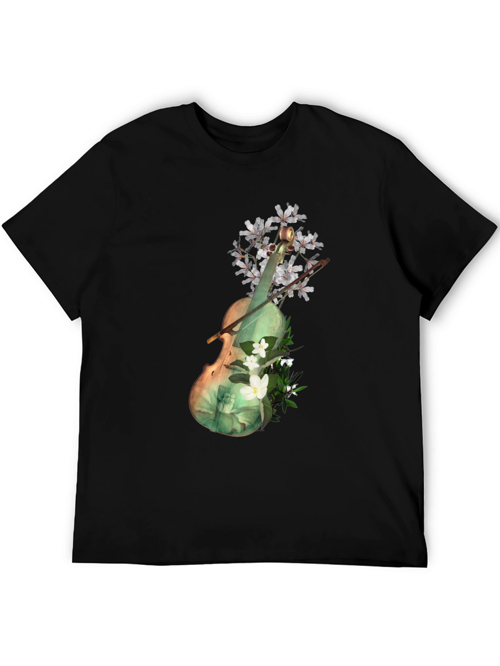 Floral Violin Graphic Tee - Artistic Black T-Shirt