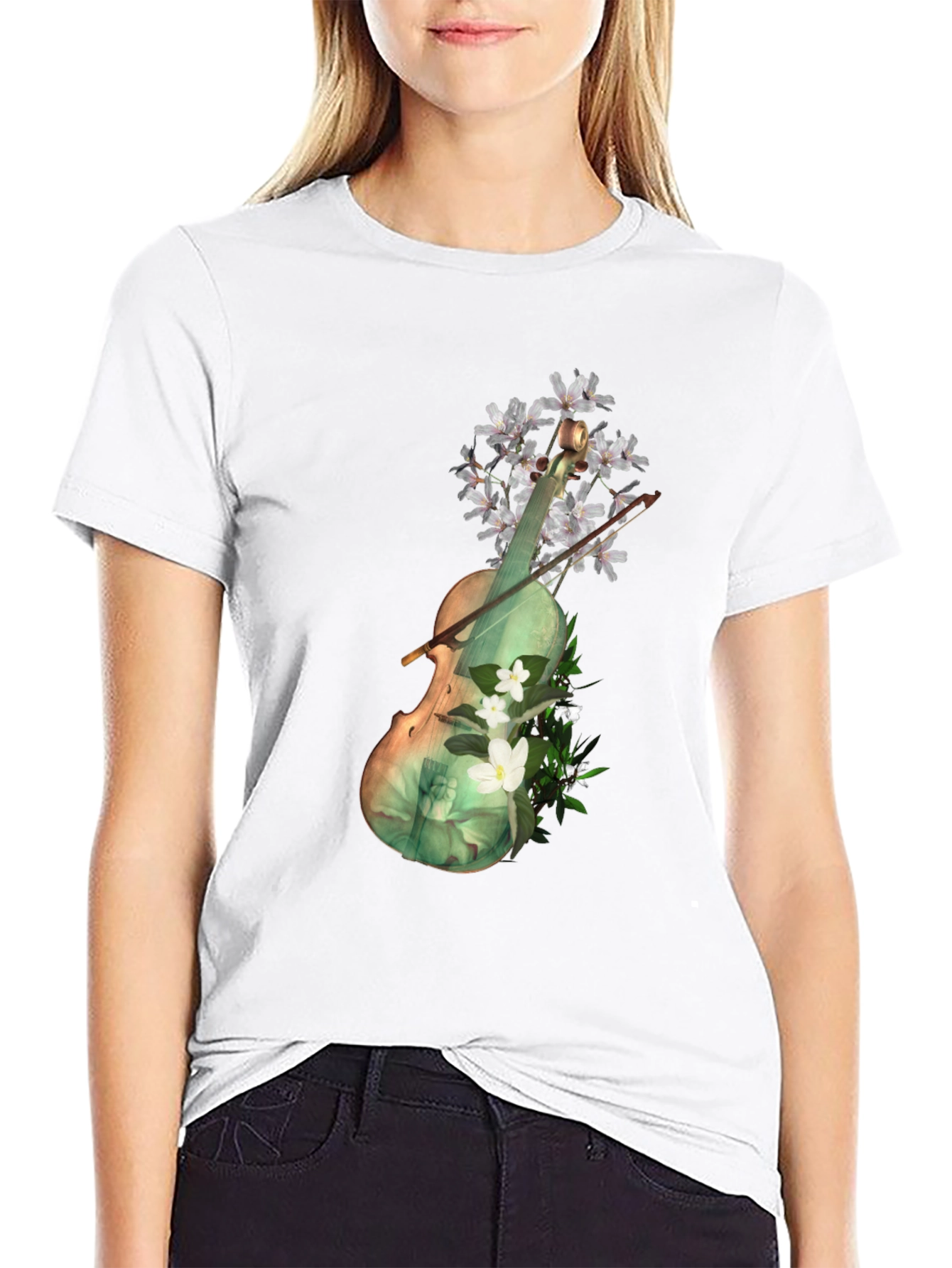 Floral Violin Graphic Tee - Artistic Black T-Shirt