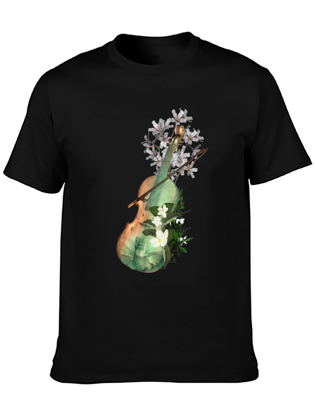 Floral Violin Graphic Tee - Artistic Black T-Shirt