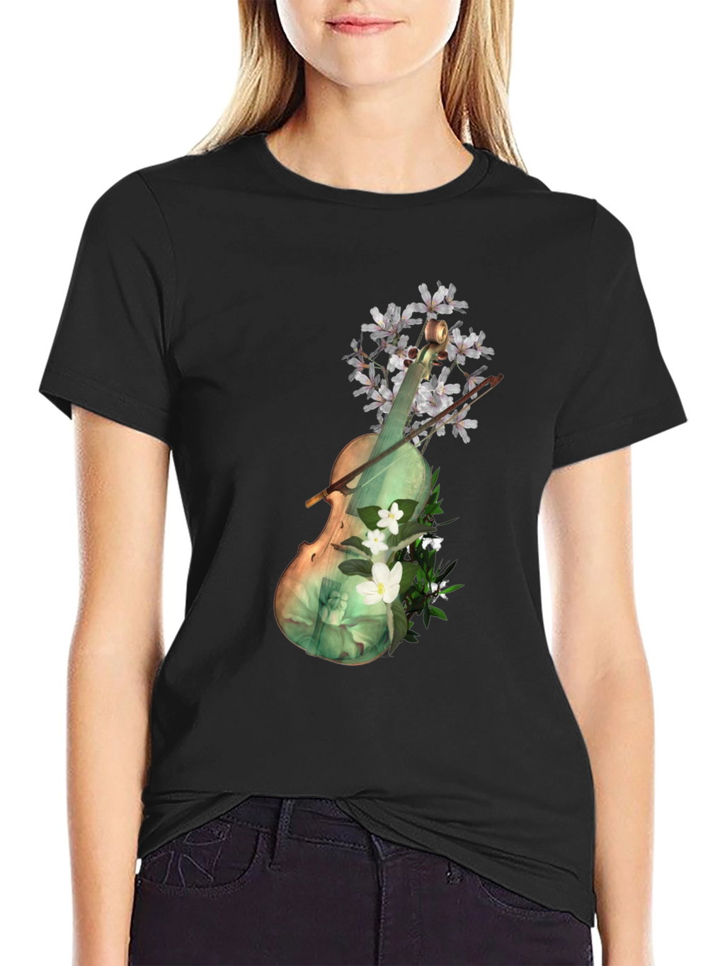 Floral Violin Graphic Tee - Artistic Black T-Shirt