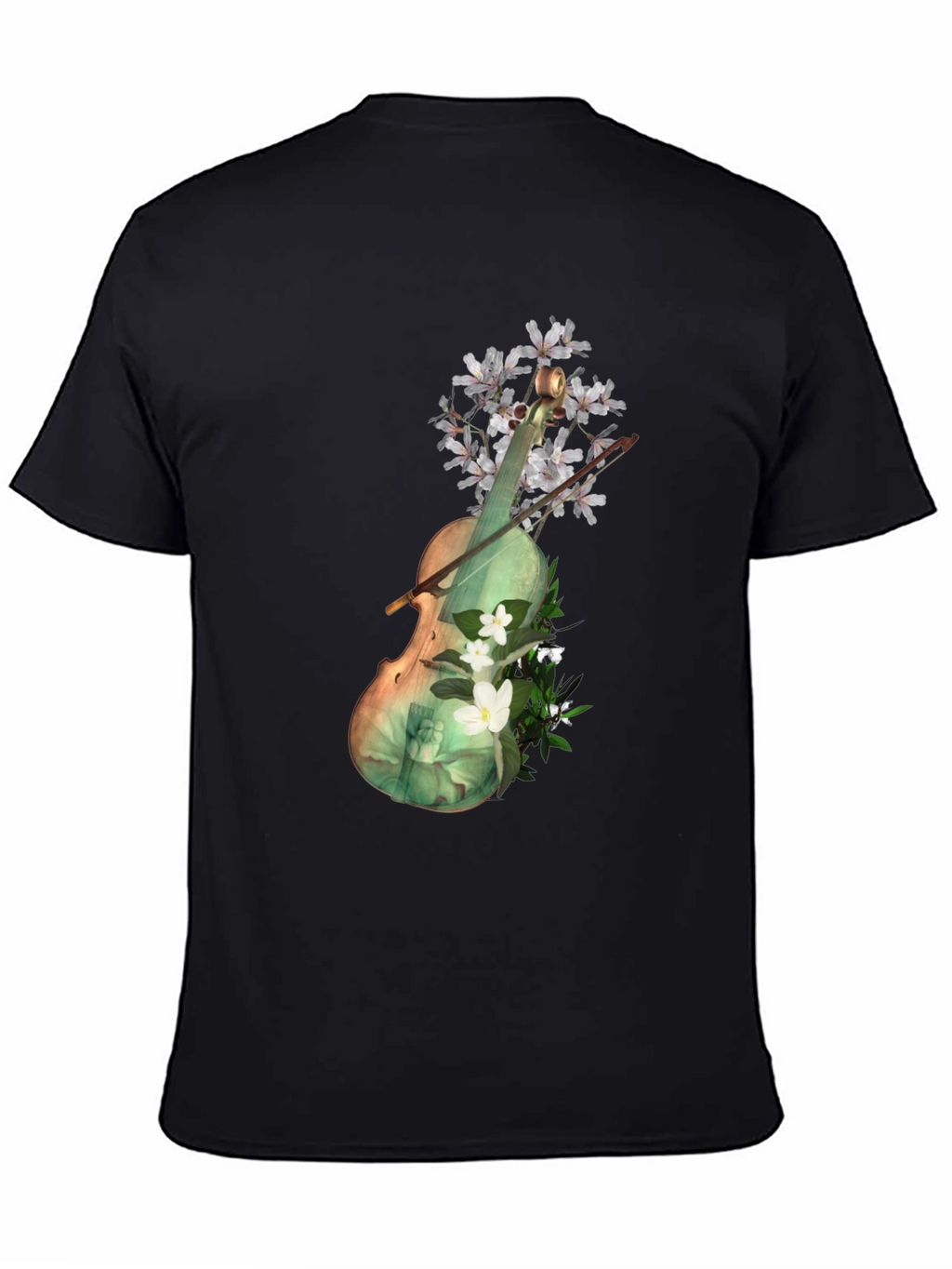 Floral Violin Graphic Tee - Artistic Black T-Shirt