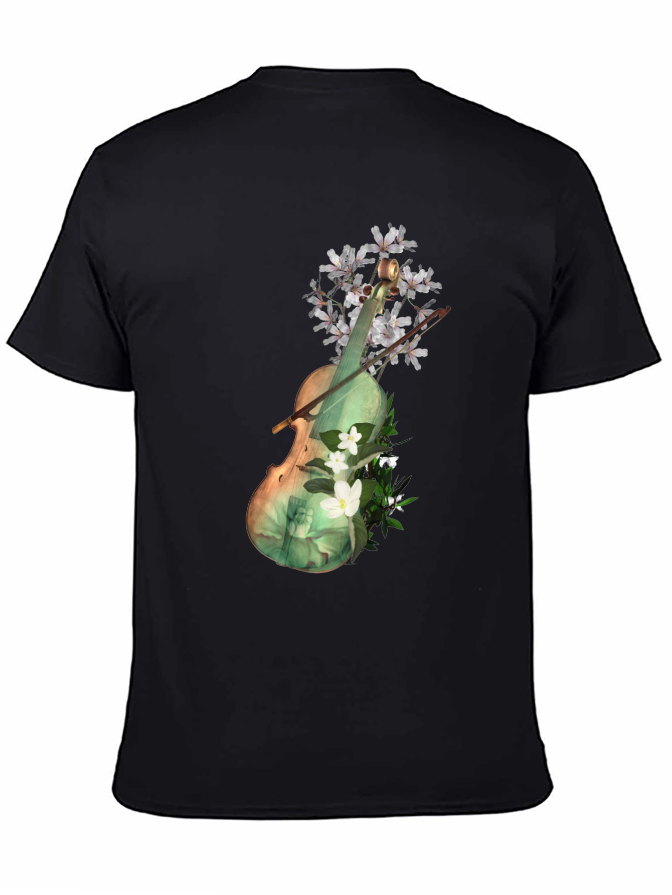 Floral Violin Graphic Tee - Artistic Black T-Shirt