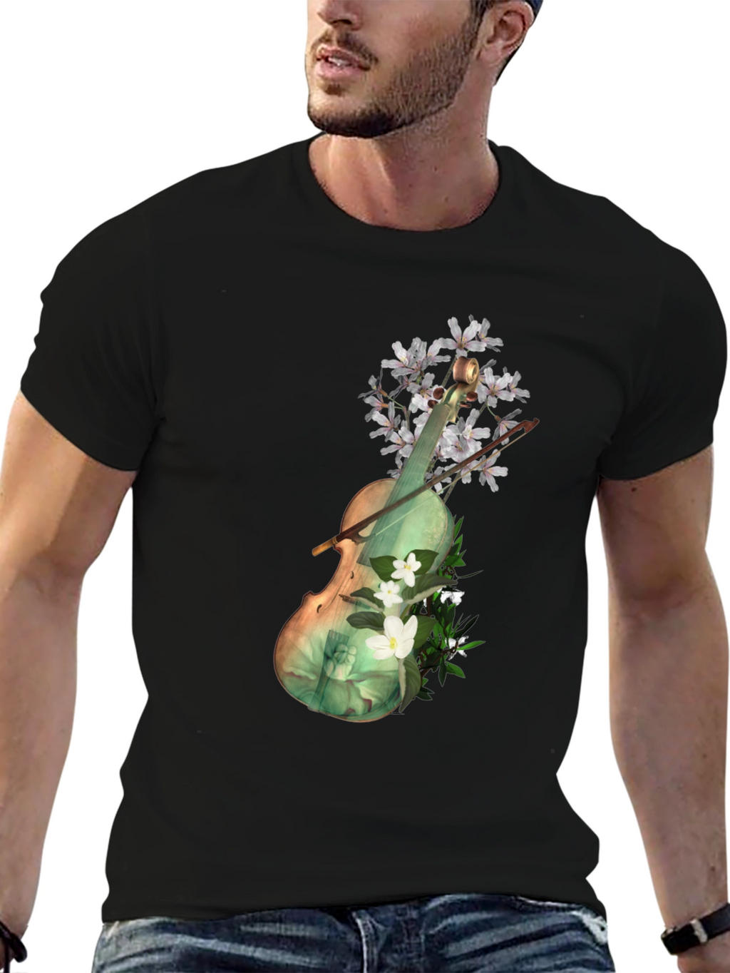 Floral Violin Graphic Tee - Artistic Black T-Shirt