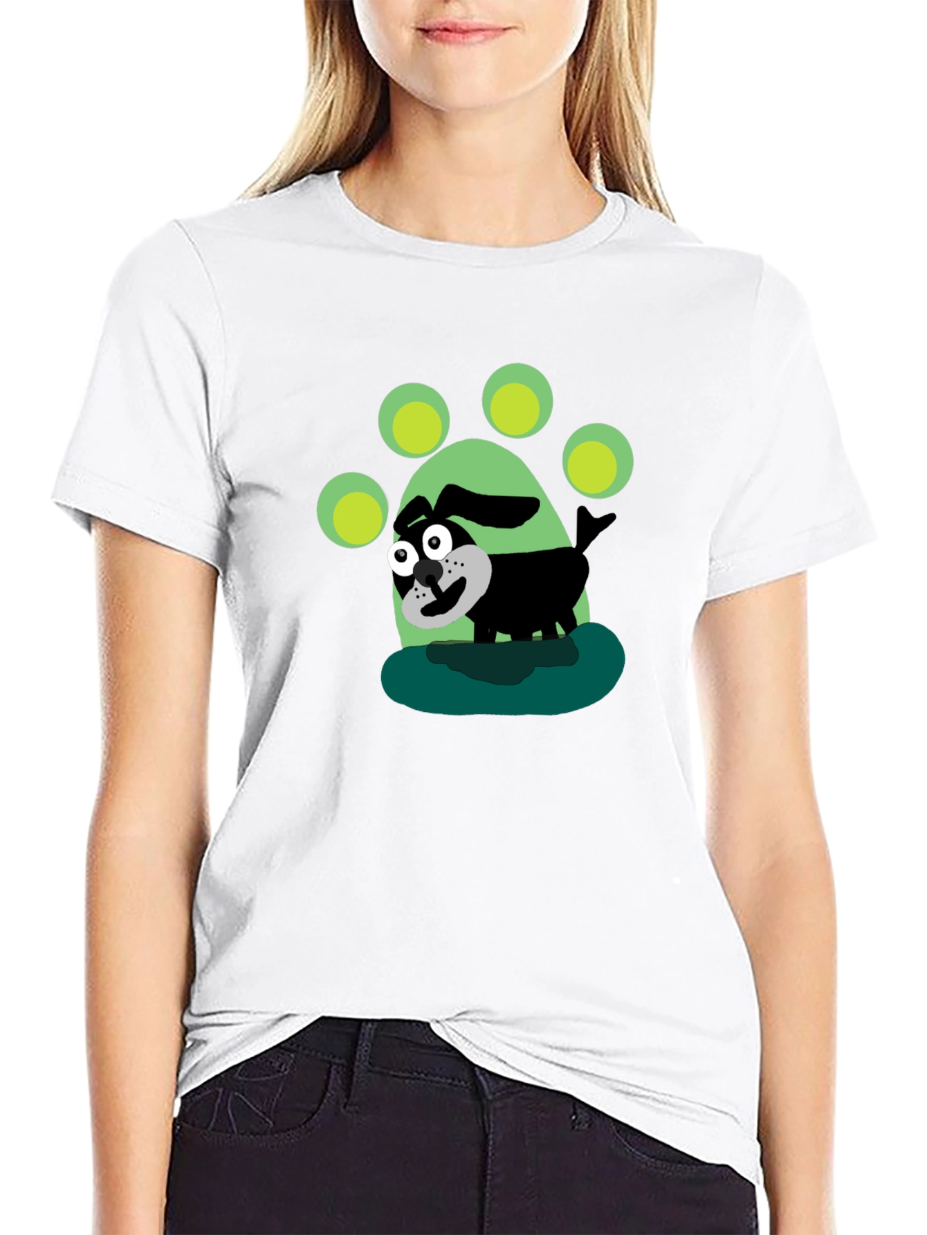 Cartoon Dog Paw Print Black T-Shirt