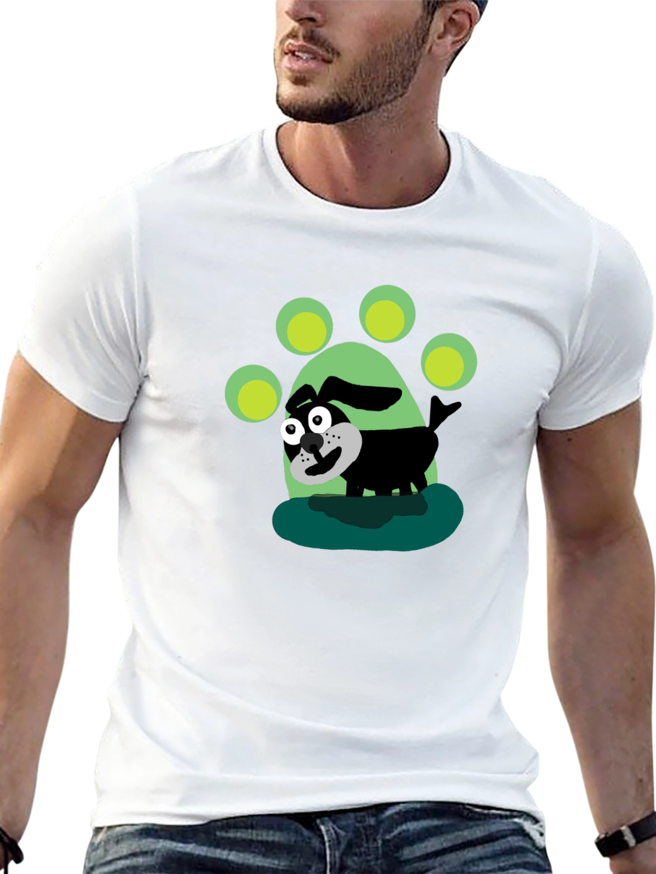 Cartoon Dog Paw Print Black T-Shirt