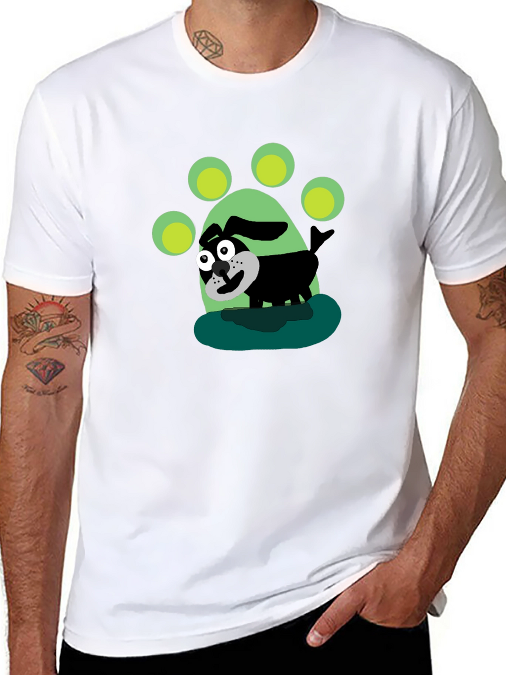 Cartoon Dog Paw Print Black T-Shirt