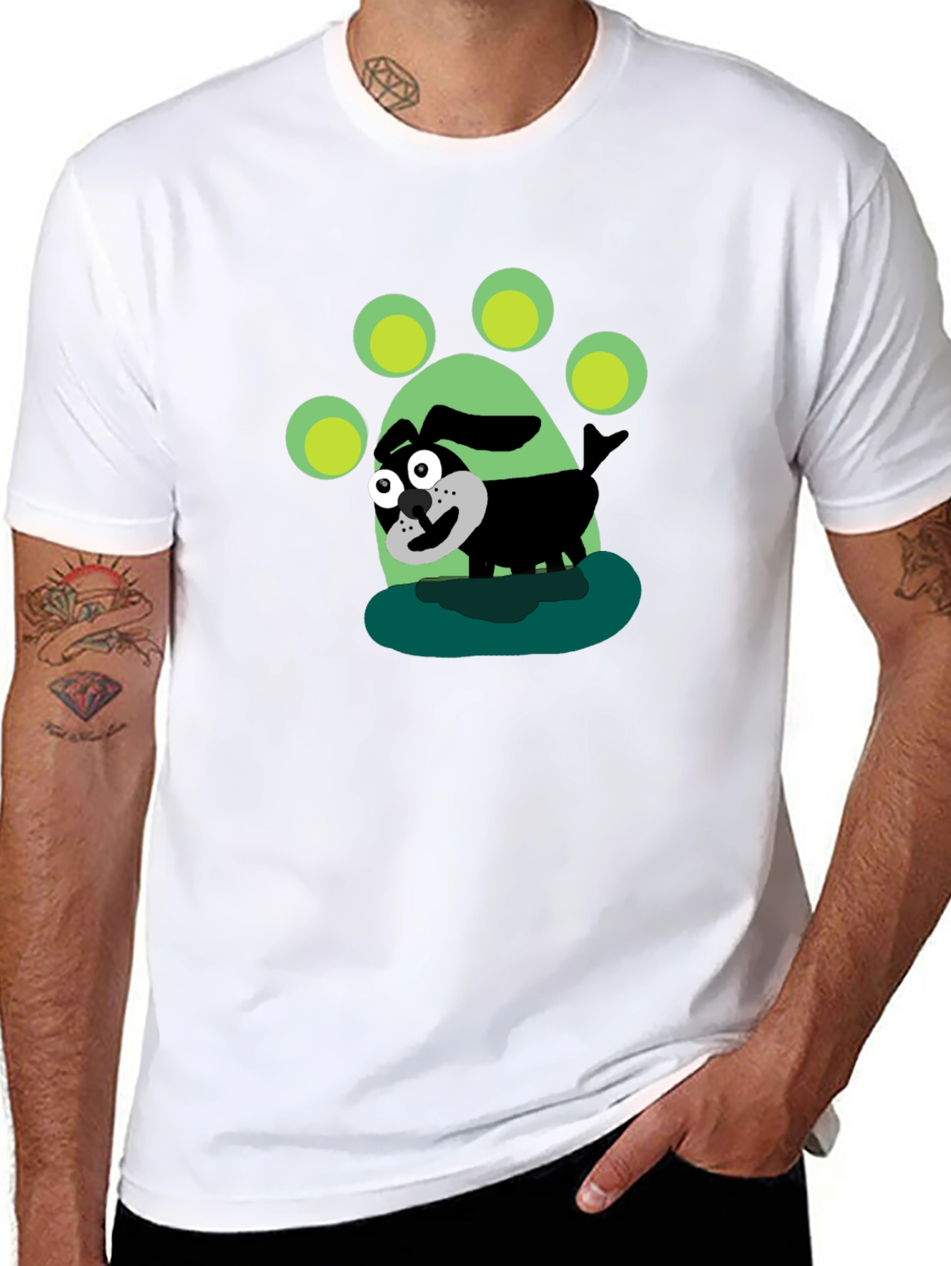Cartoon Dog Paw Print Black T-Shirt