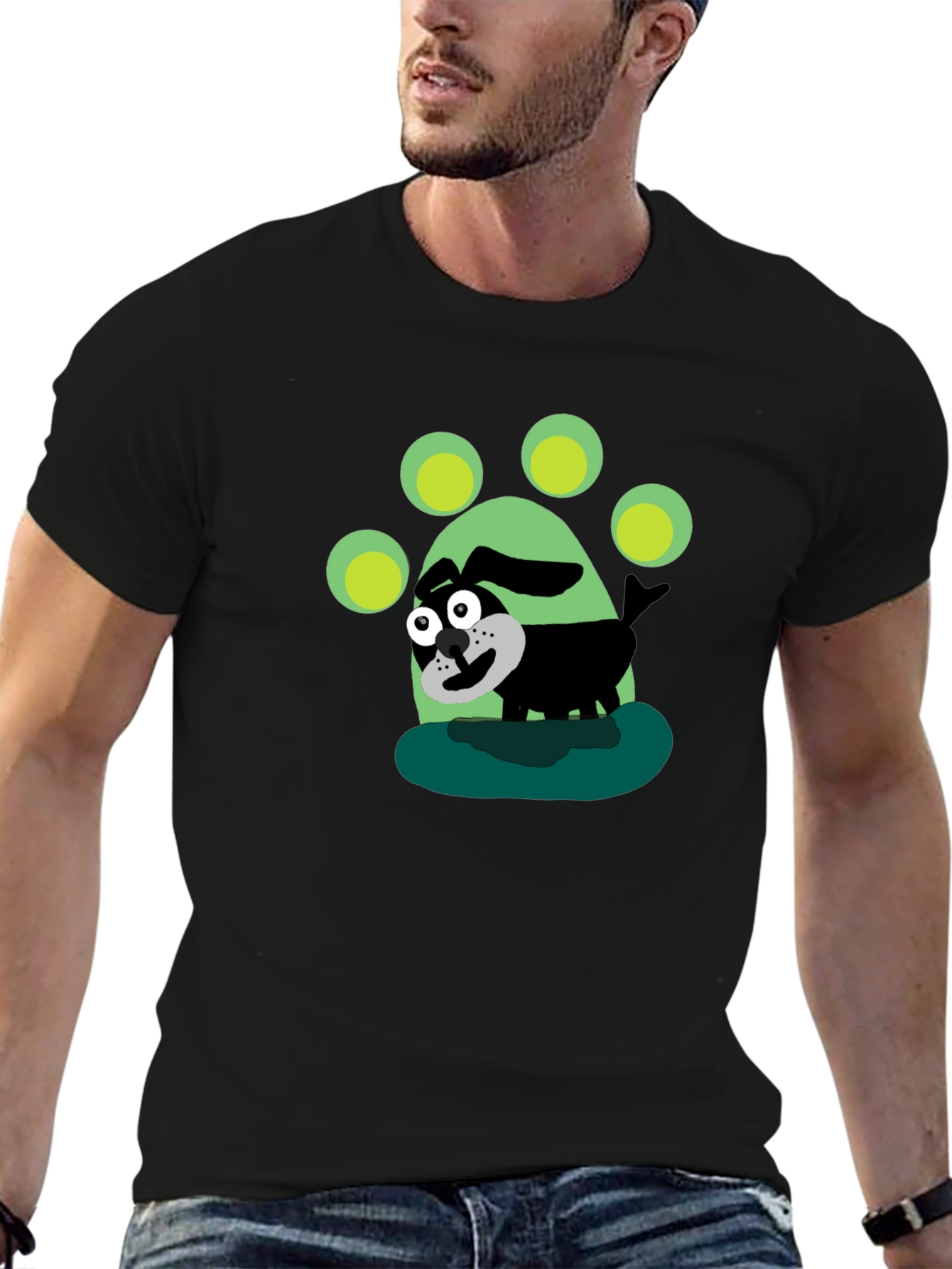 Cartoon Dog Paw Print Black T-Shirt
