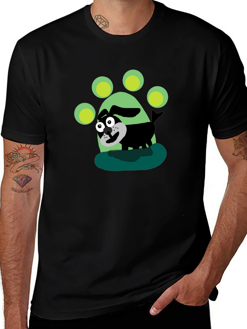 Cartoon Dog Paw Print Black T-Shirt