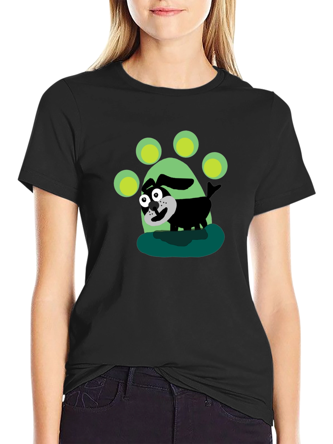 Cartoon Dog Paw Print Black T-Shirt