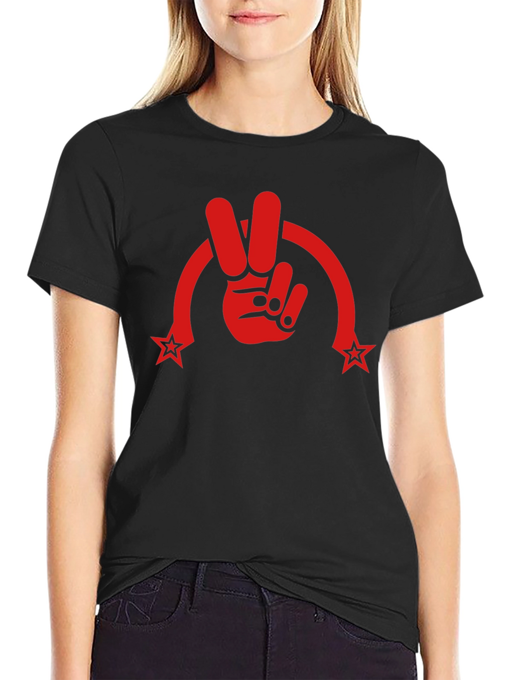 Peace Sign Graphic Tee - Red Print on Black