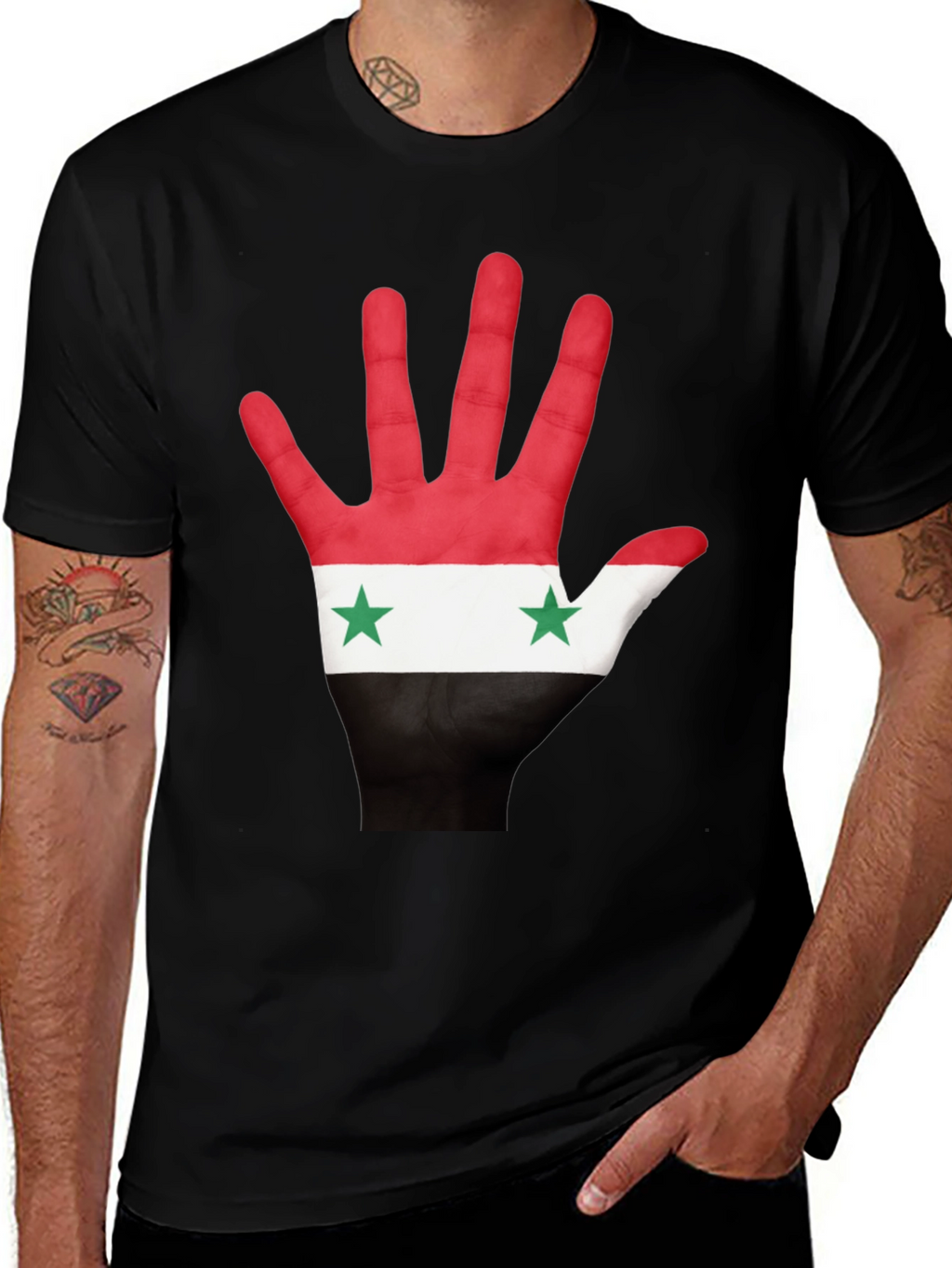 Syria Flag Hand Print T-Shirt - Black