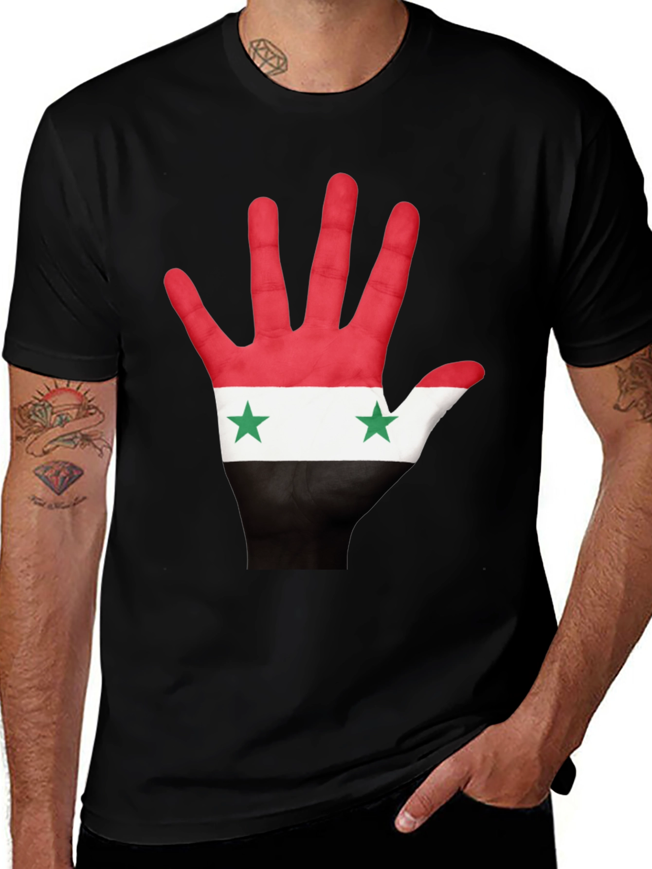 Syria Flag Hand Print T-Shirt - Black