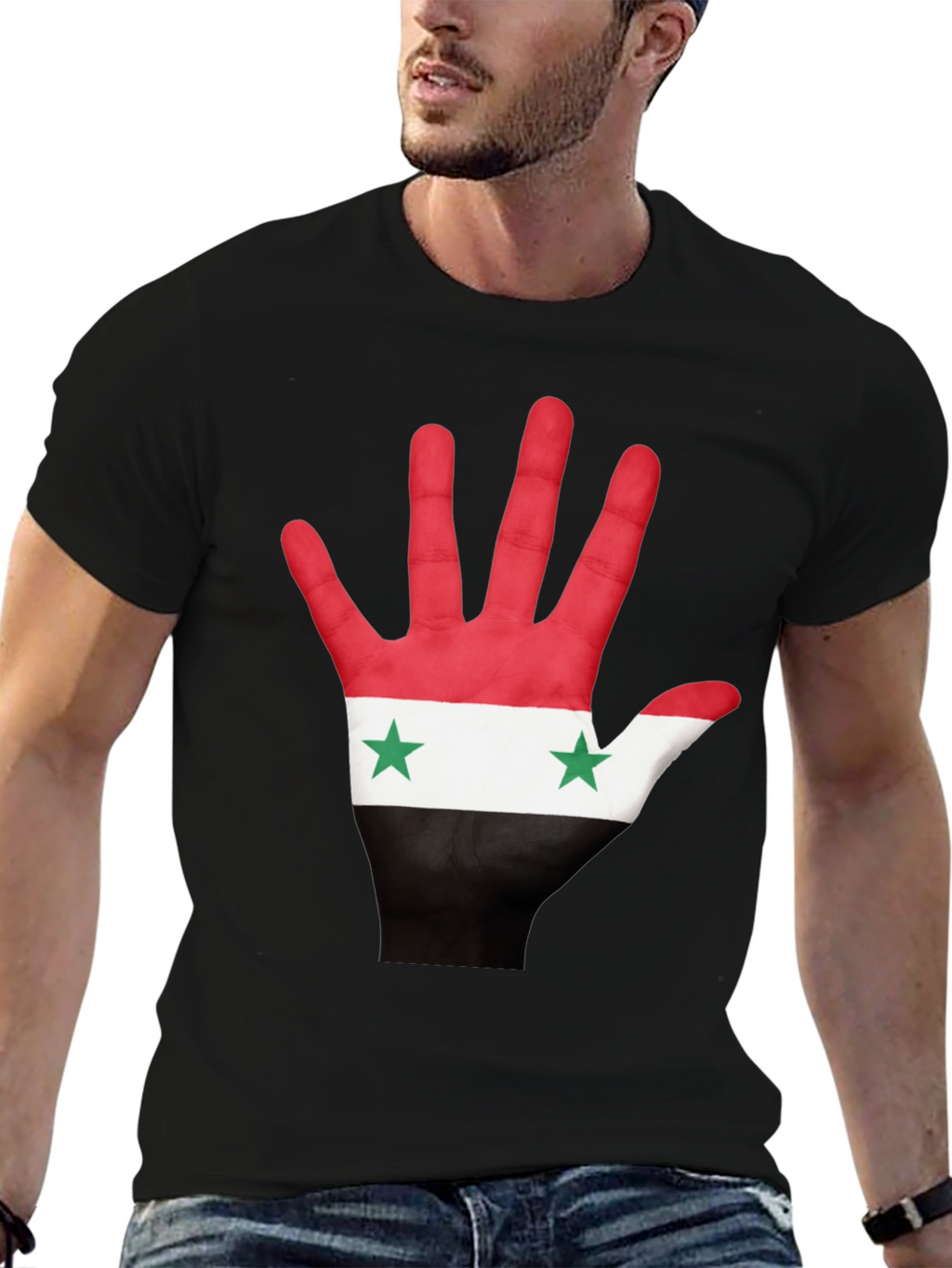 Syria Flag Hand Print T-Shirt - Black