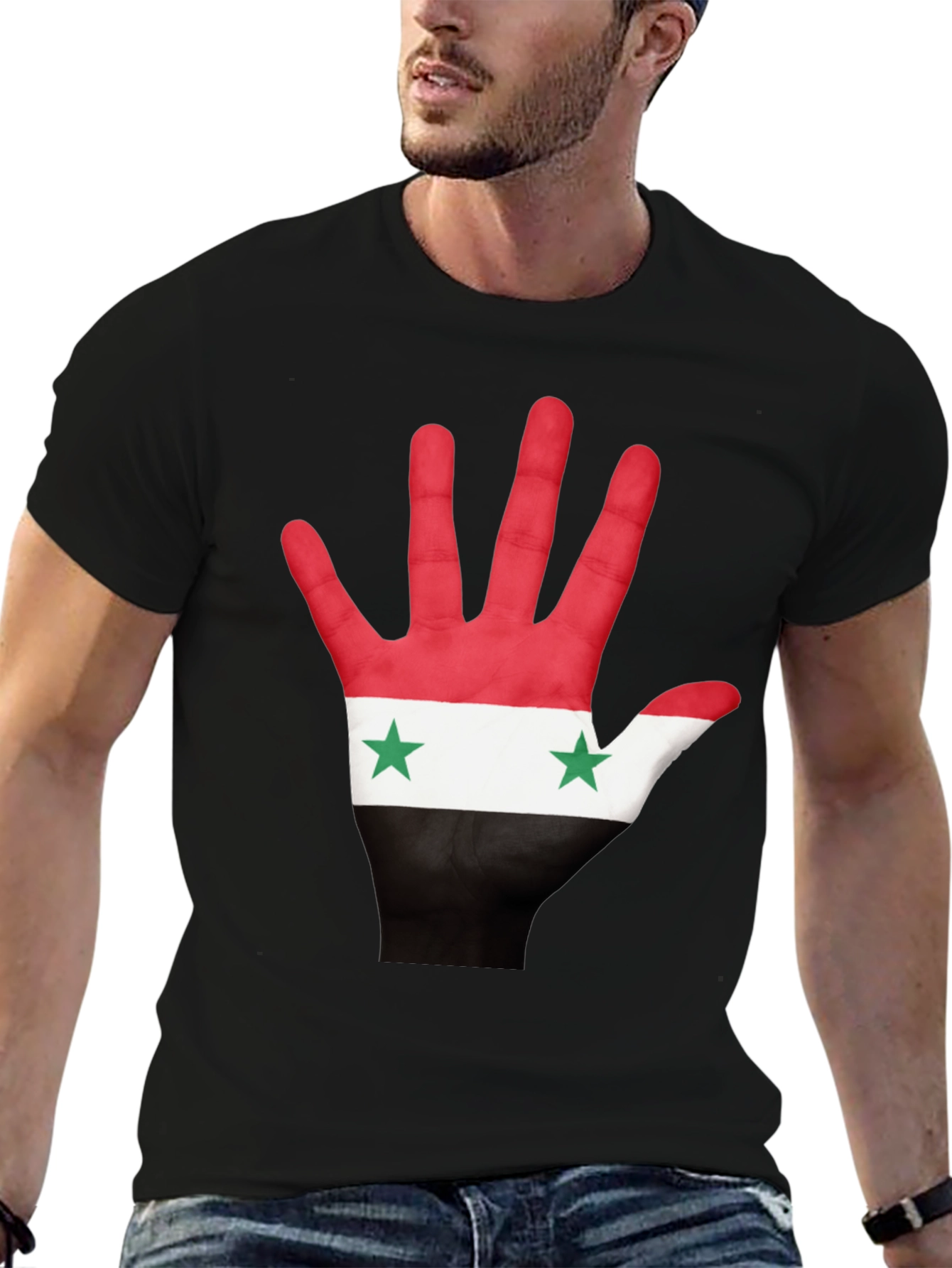 Syria Flag Hand Print T-Shirt - Black