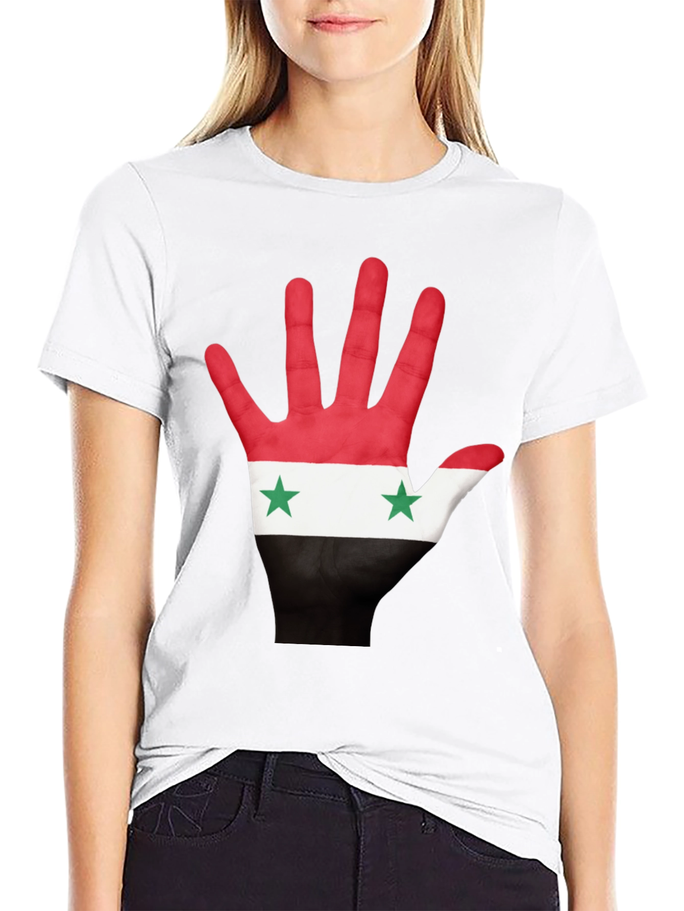 Syria Flag Hand Print T-Shirt - Black