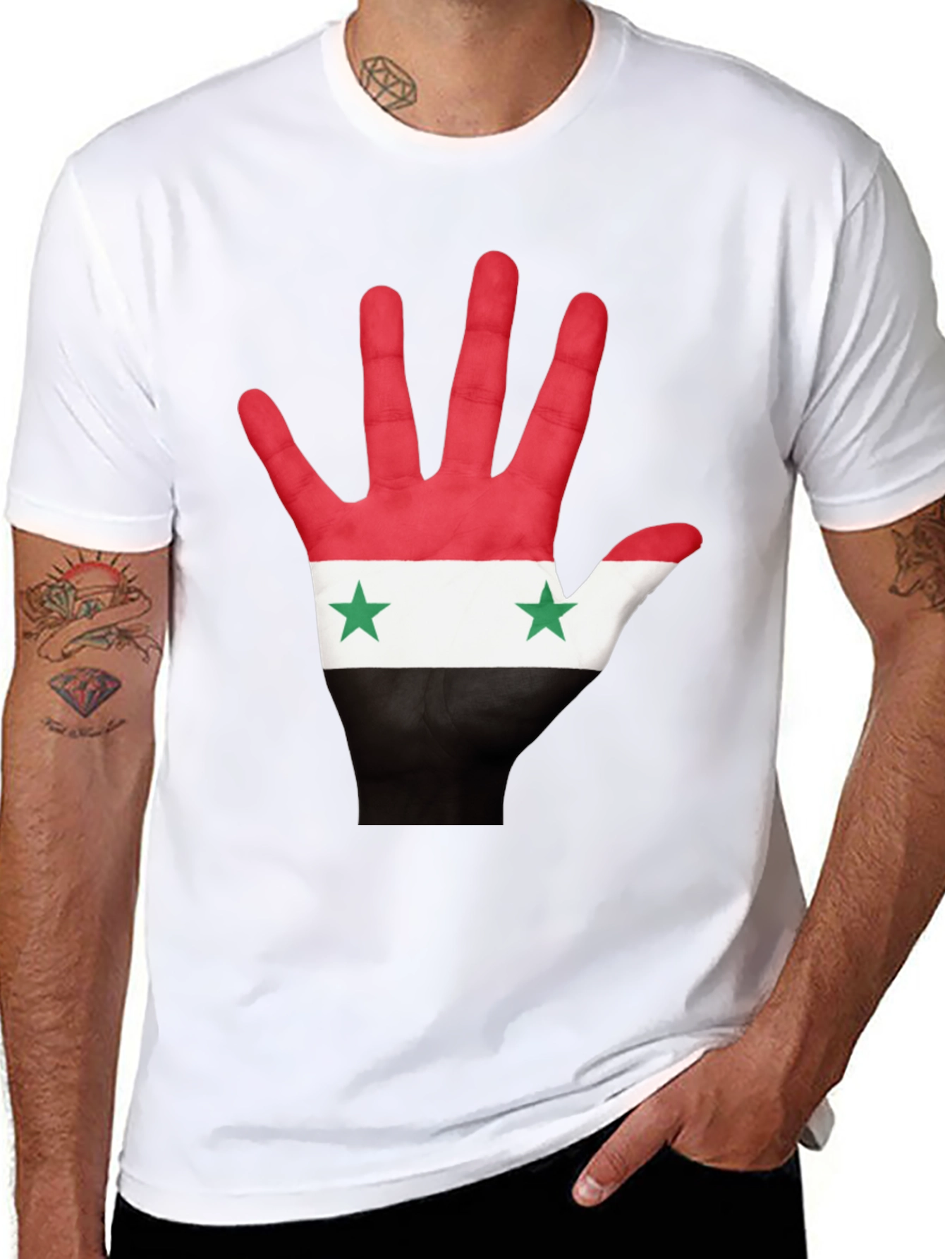 Syria Flag Hand Print T-Shirt - Black