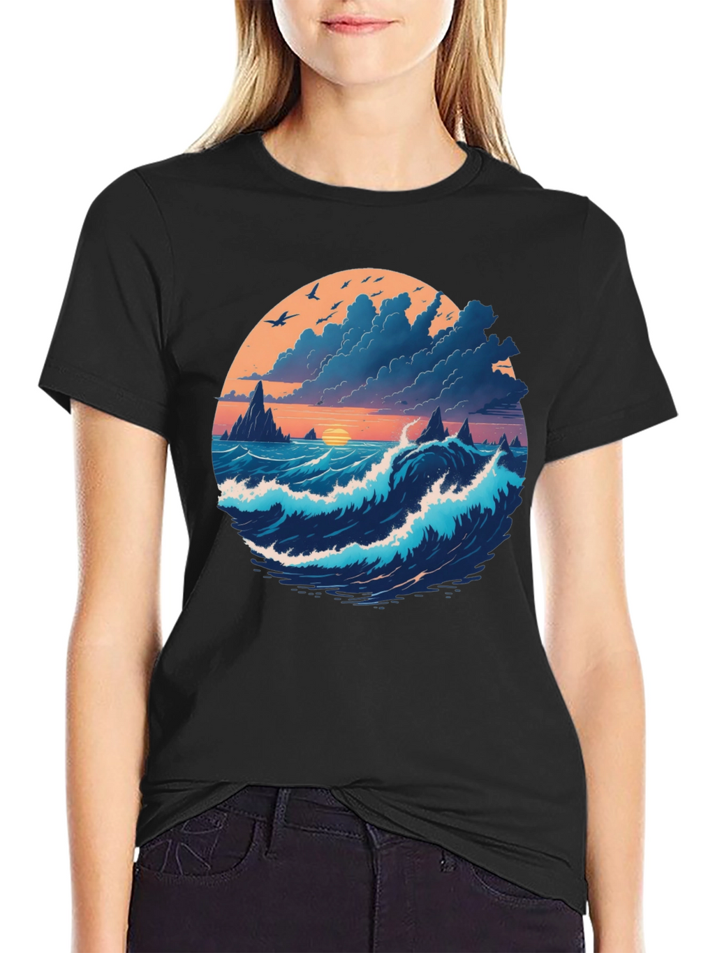 Ocean Sunset Graphic Tee - Soft Black Cotton