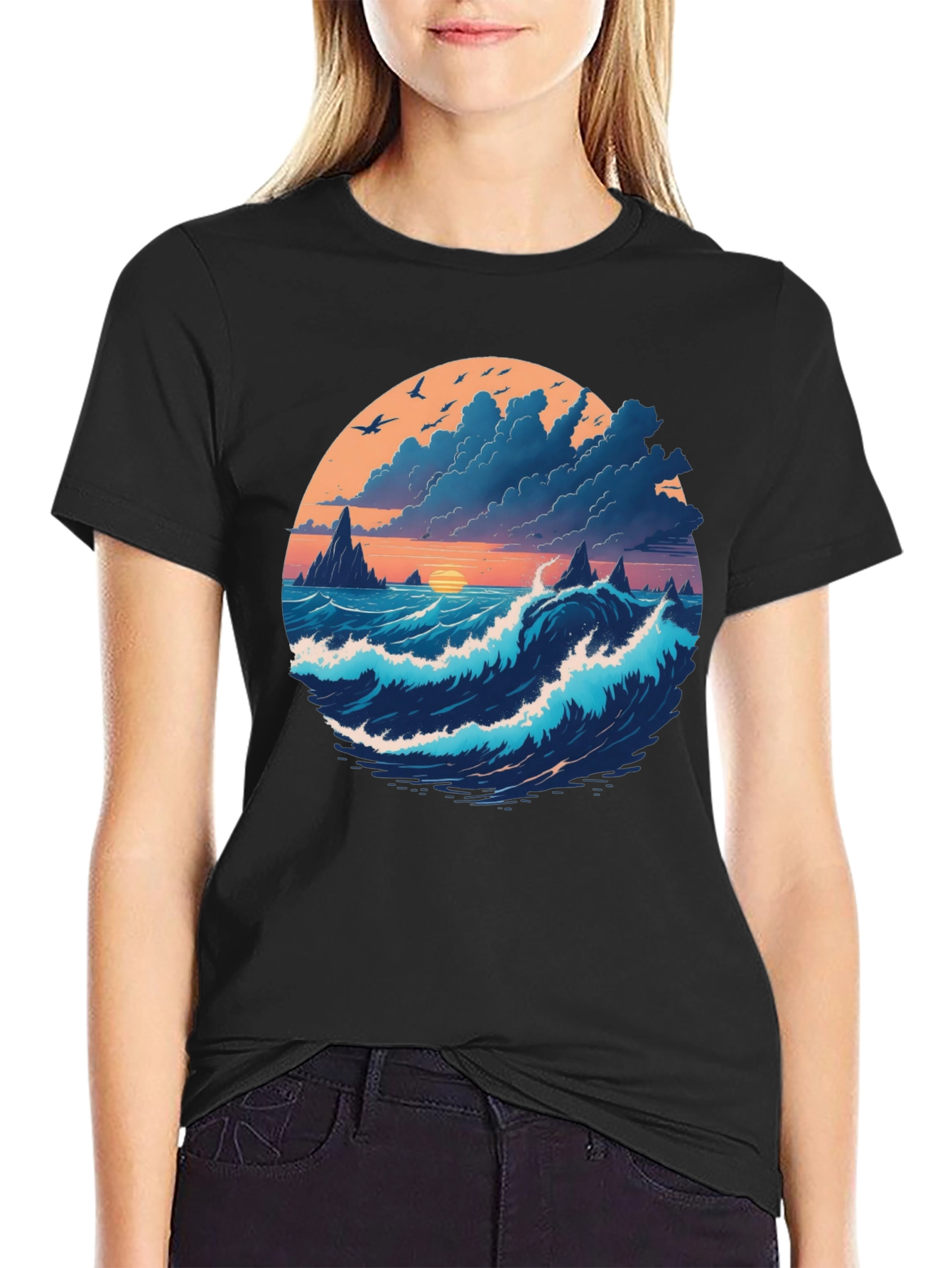 Ocean Sunset Graphic Tee - Soft Black Cotton