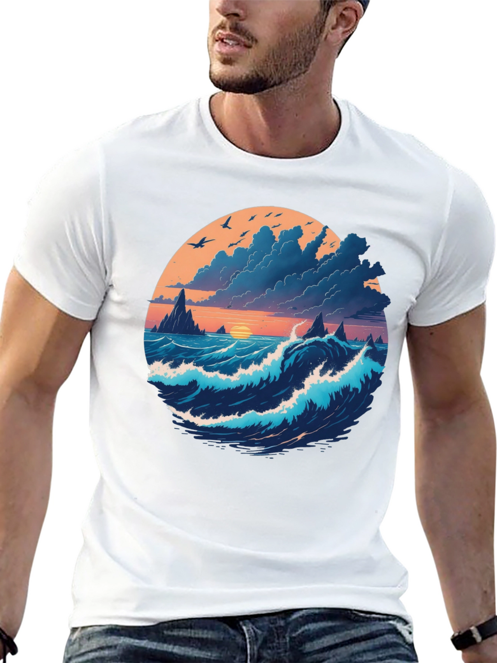 Ocean Sunset Graphic Tee - Soft Black Cotton