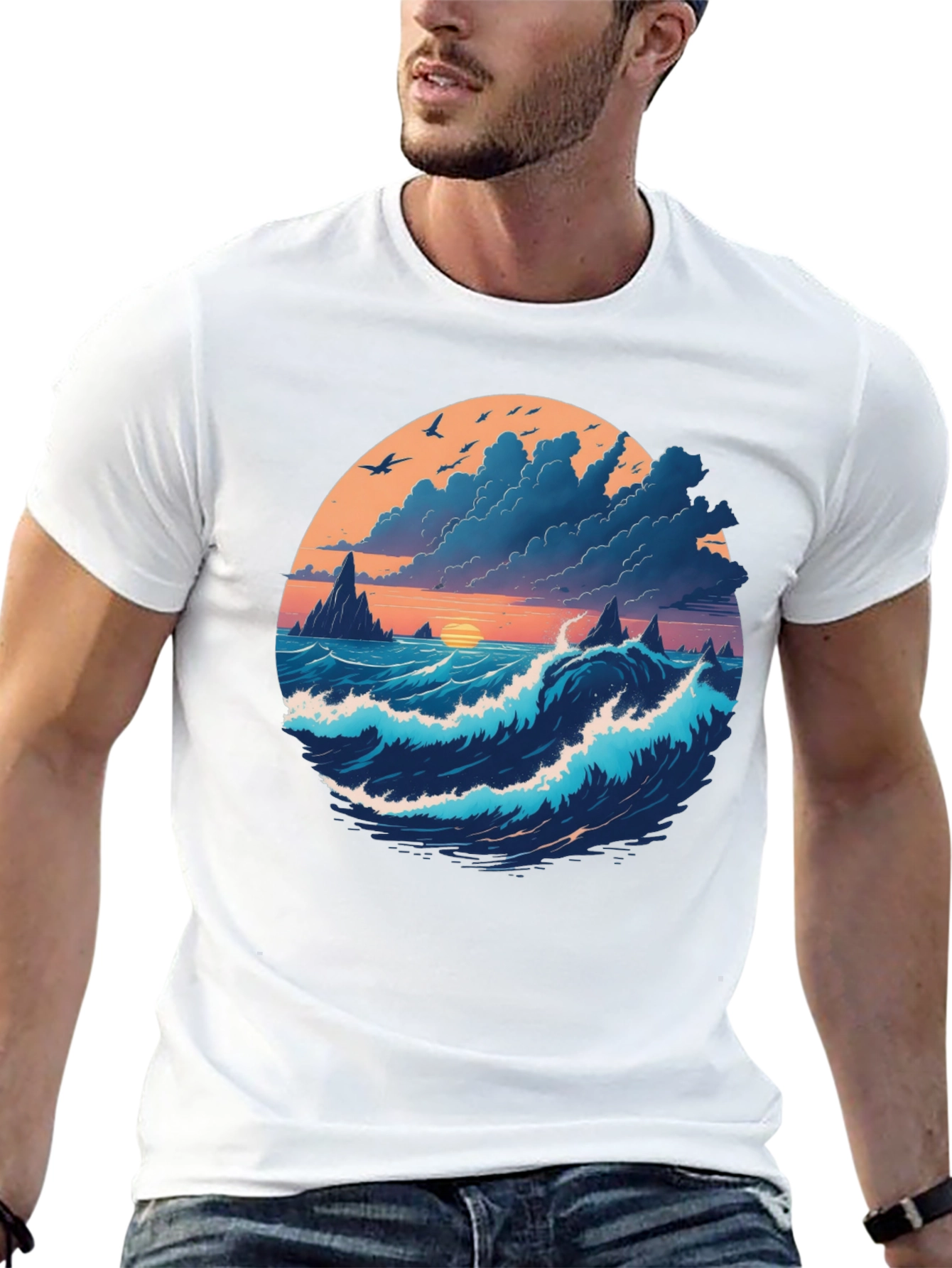 Ocean Sunset Graphic Tee - Soft Black Cotton
