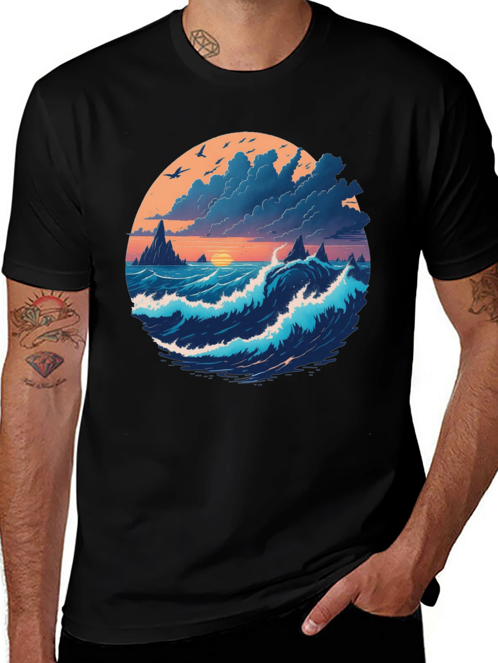Ocean Sunset Graphic Tee - Soft Black Cotton