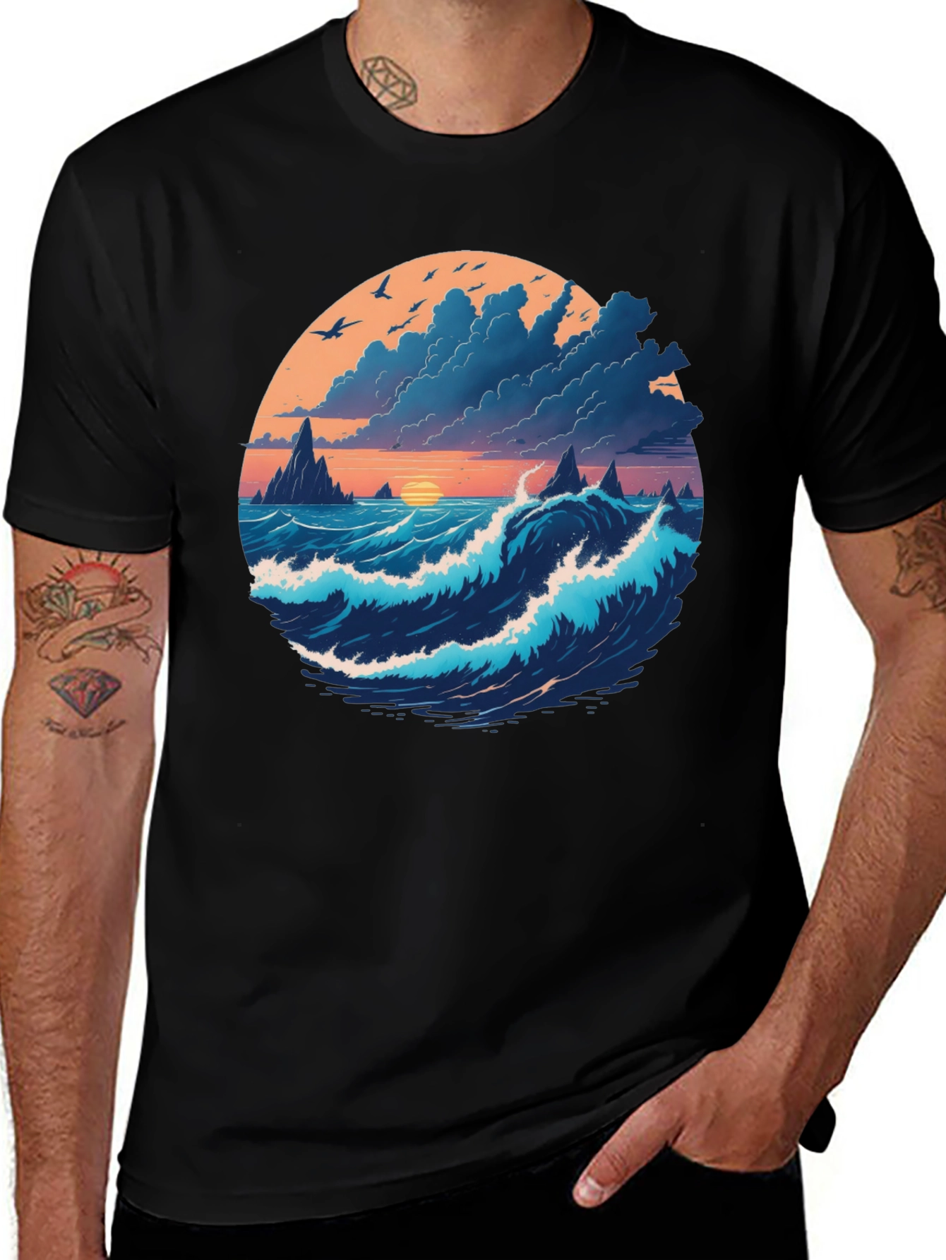 Ocean Sunset Graphic Tee - Soft Black Cotton