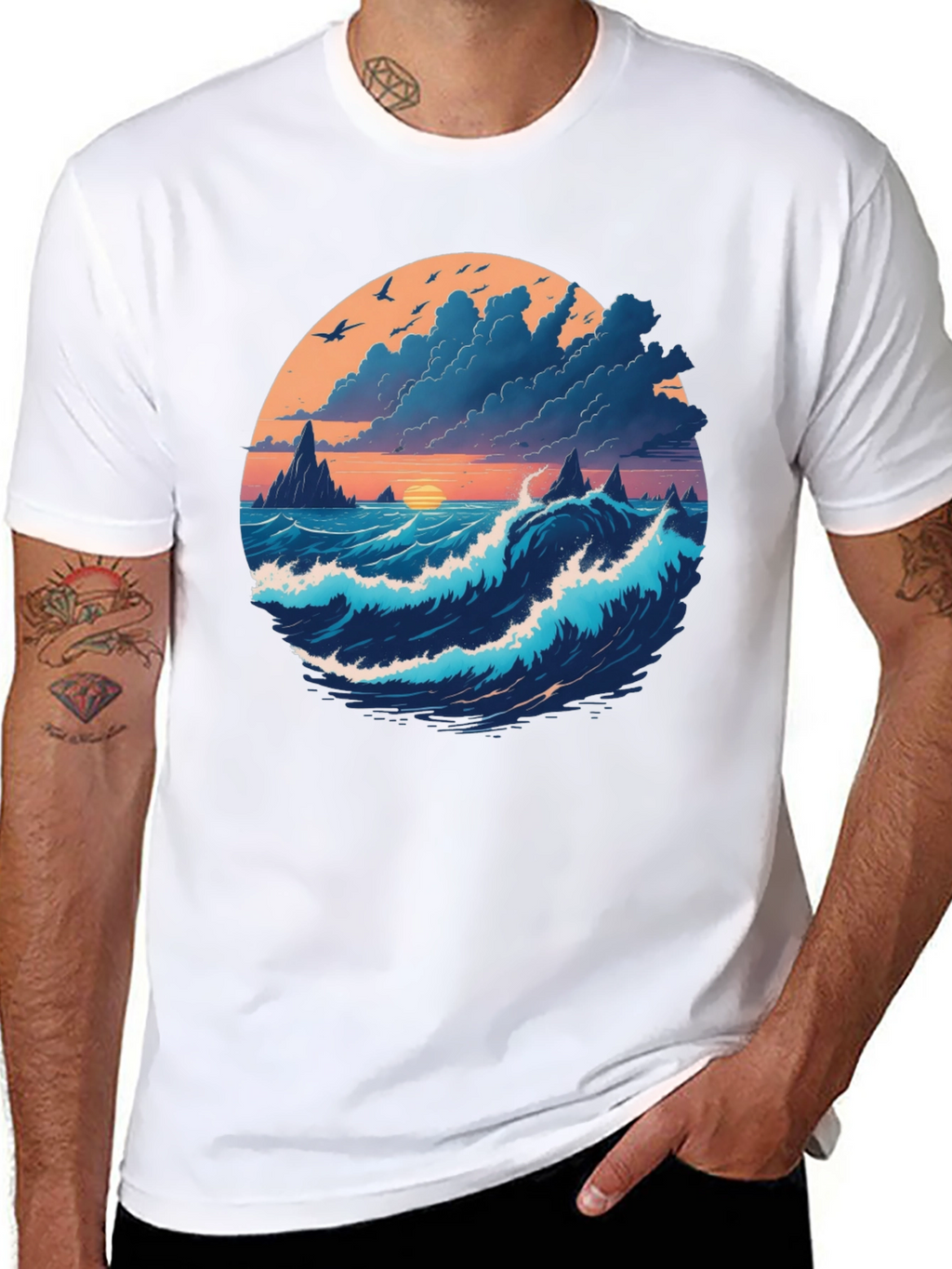 Ocean Sunset Graphic Tee - Soft Black Cotton