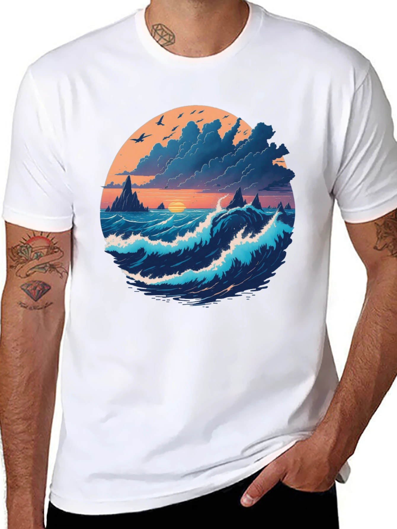 Ocean Sunset Graphic Tee - Soft Black Cotton