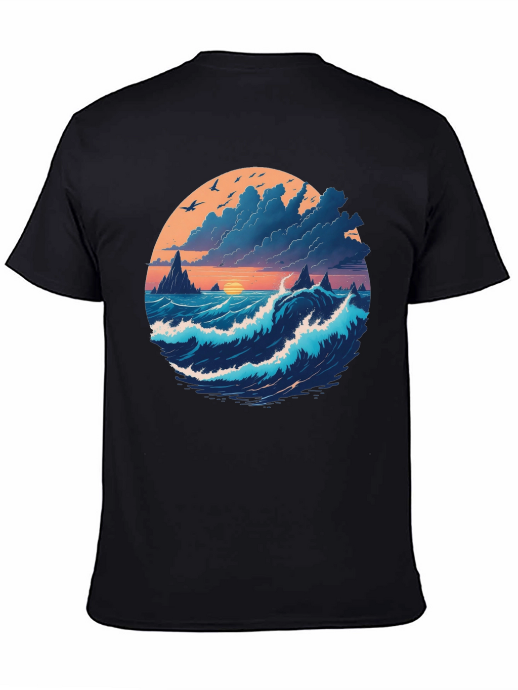 Ocean Sunset Graphic Tee - Soft Black Cotton