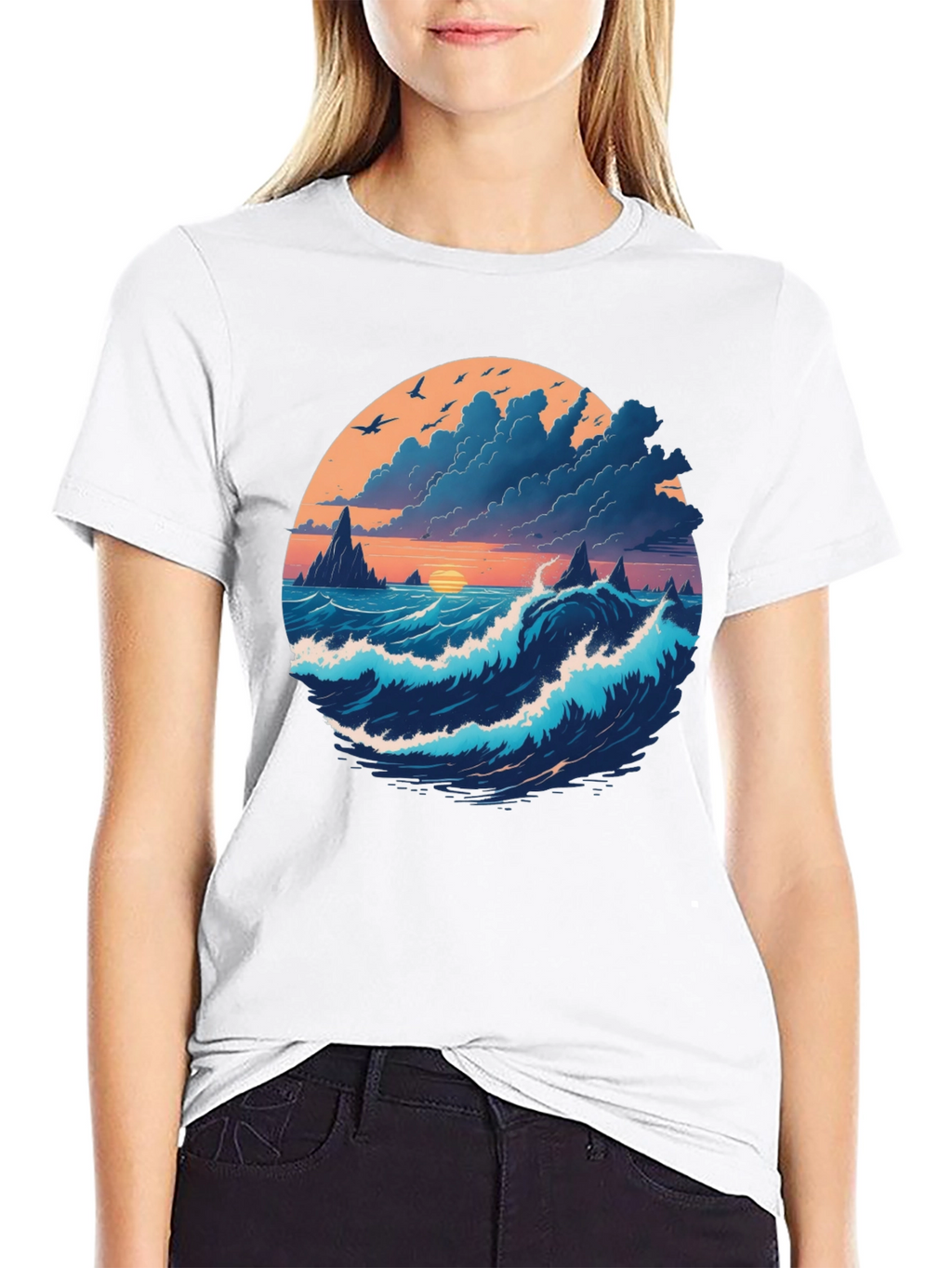 Ocean Sunset Graphic Tee - Soft Black Cotton