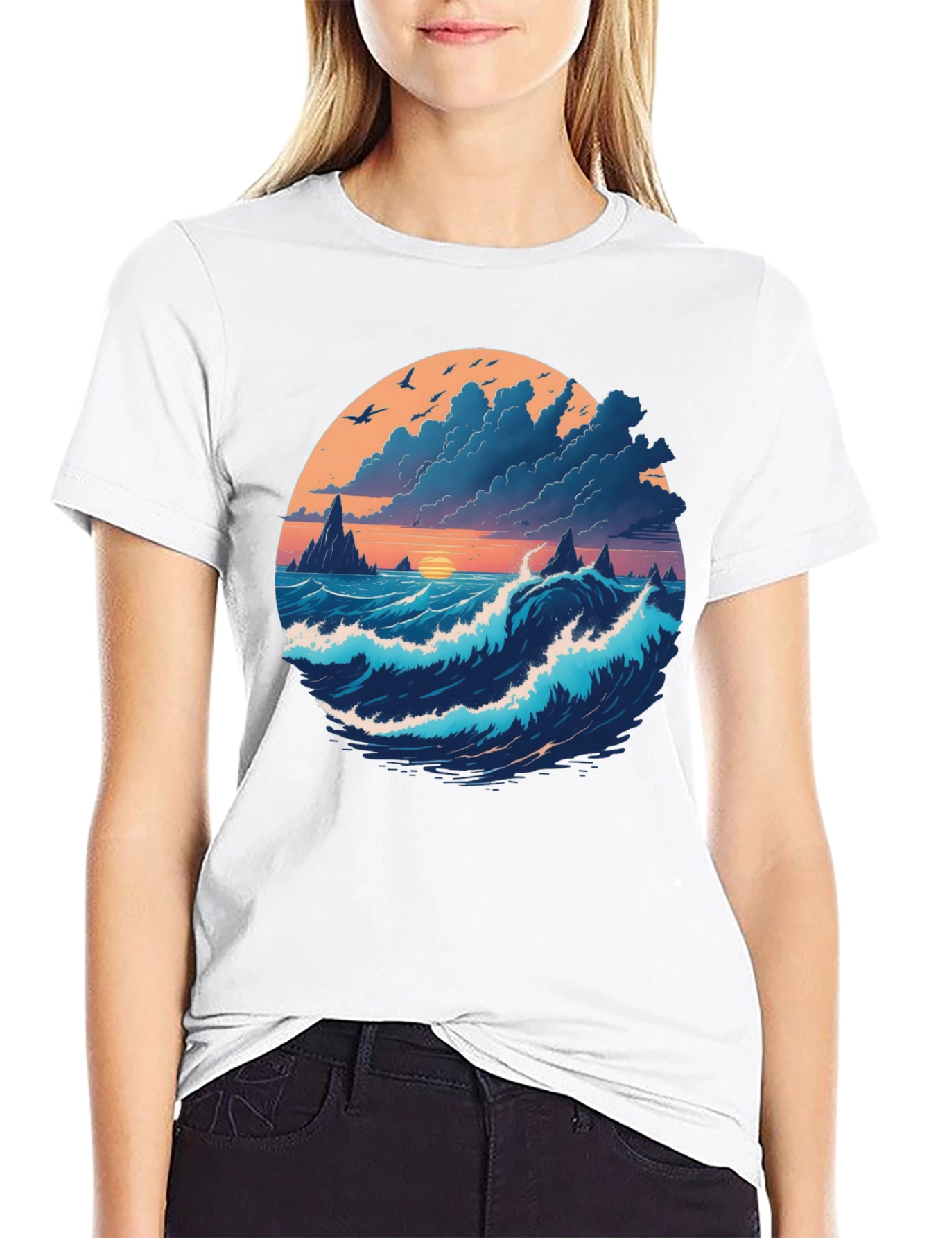 Ocean Sunset Graphic Tee - Soft Black Cotton