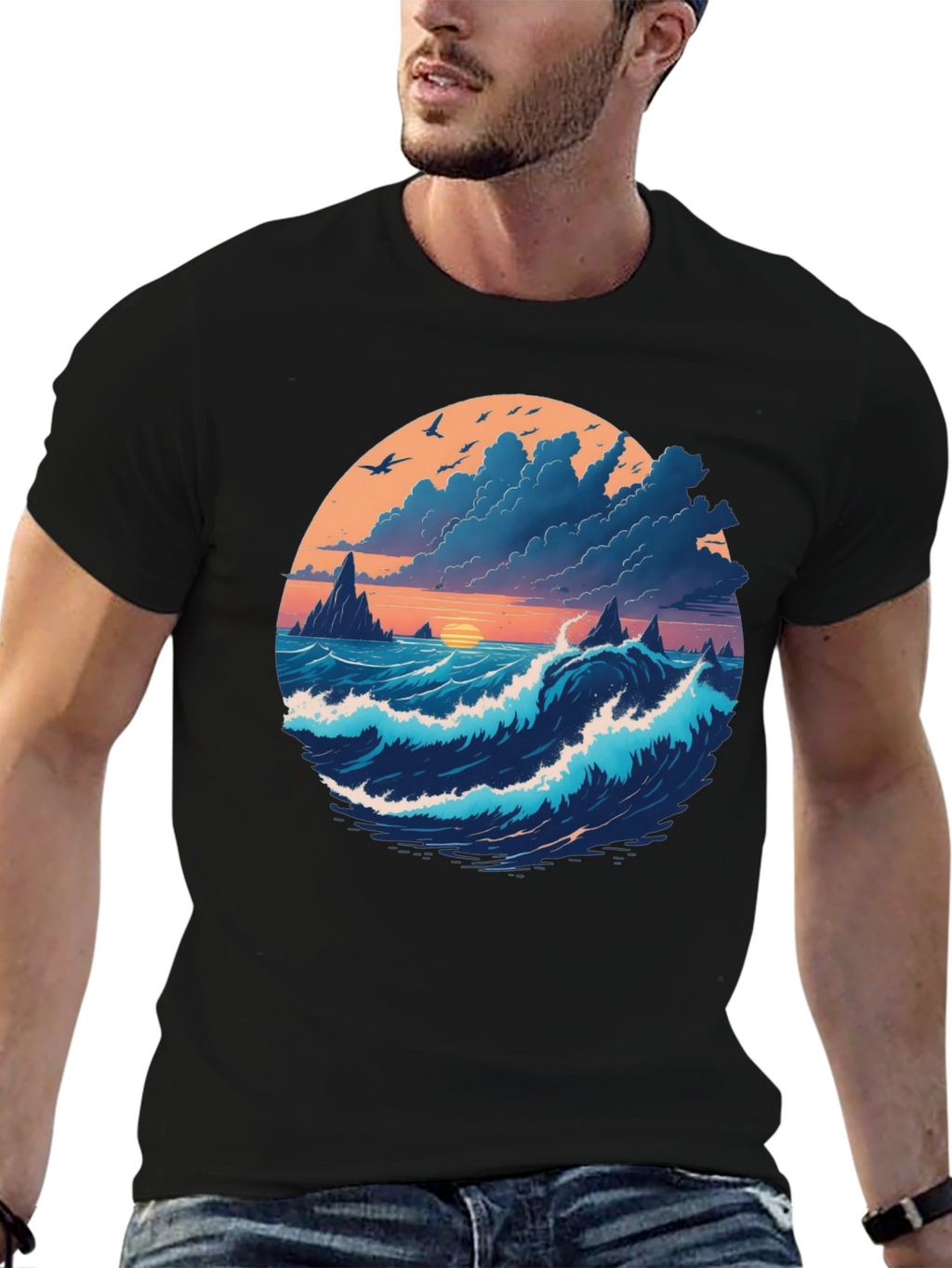 Ocean Sunset Graphic Tee - Soft Black Cotton
