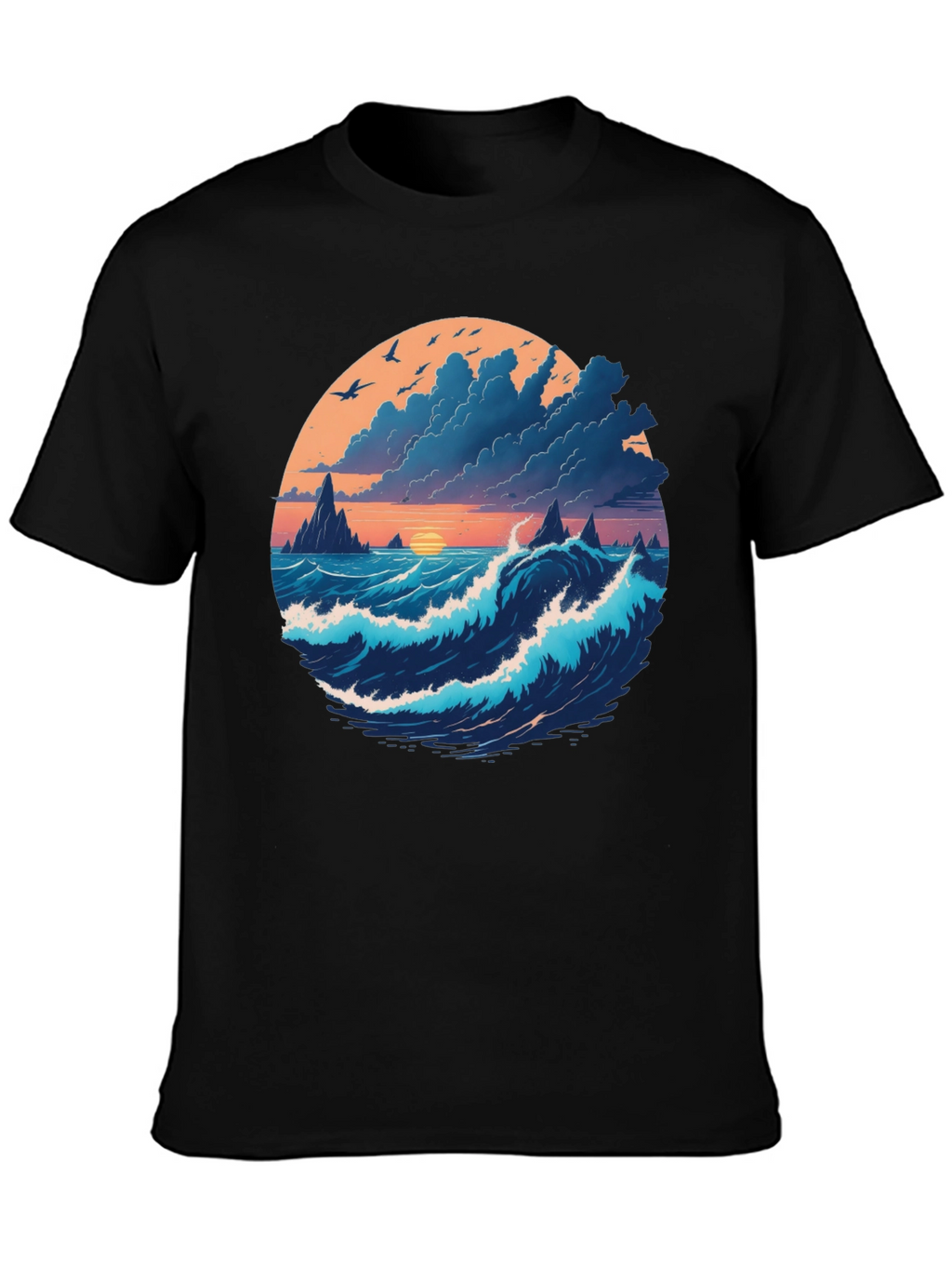 Ocean Sunset Graphic Tee - Soft Black Cotton