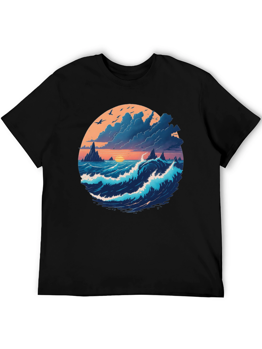 Ocean Sunset Graphic Tee - Soft Black Cotton