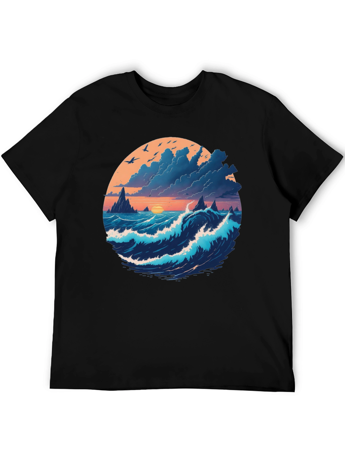 Ocean Sunset Graphic Tee - Soft Black Cotton