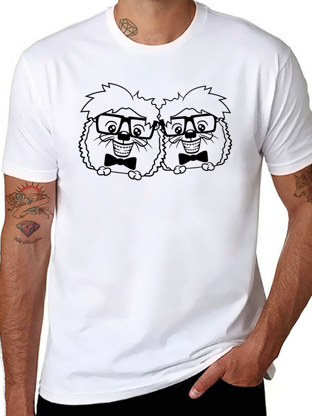Funny Hedgehog Twin Cartoon Graphic Black T-Shirt