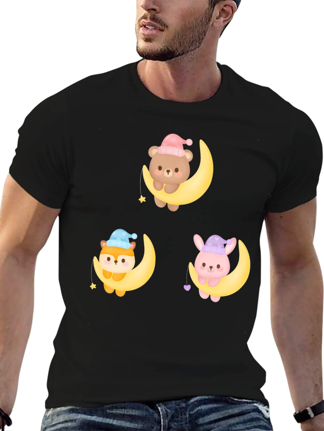 Cute Cartoon Animals on Moon Graphic T-Shirt