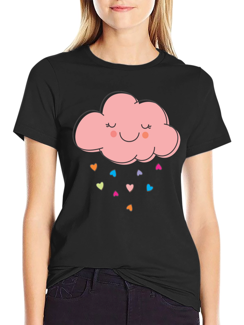Cute Cloud Heart Rain Graphic Tee - Black